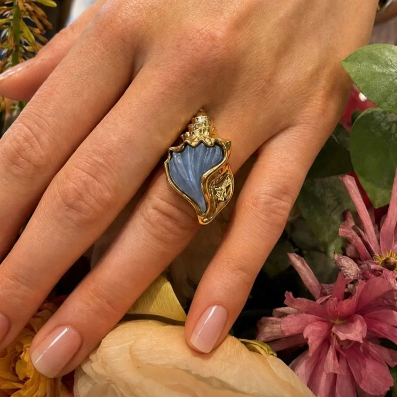 Brent Neale Conch Shell Ring with Carved Blue Chalcedony