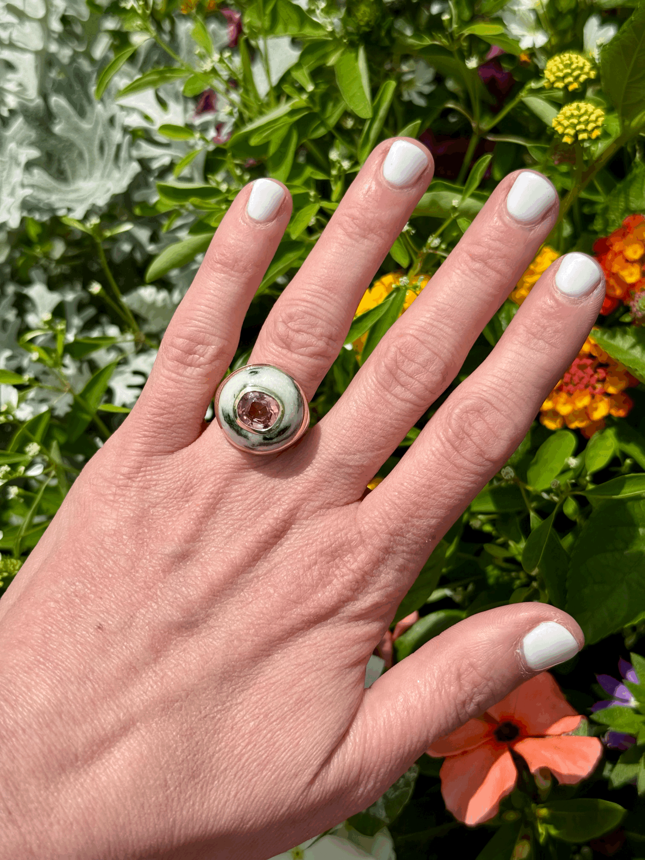 Retrouvai OAK Petite Lollipop Ring 2.87ct East West Pink Tourmaline Cushion in Zebra Jasper