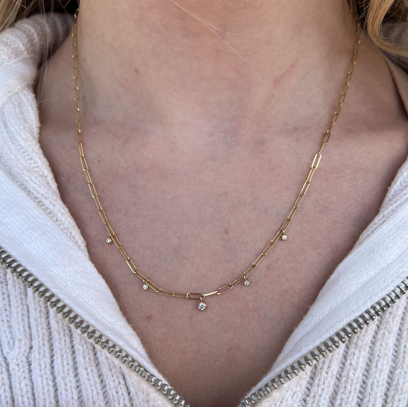 Zoe Chicco 14K Yellow Gold Small Paperclip Chain with Dangling Bezel Set Diamonds