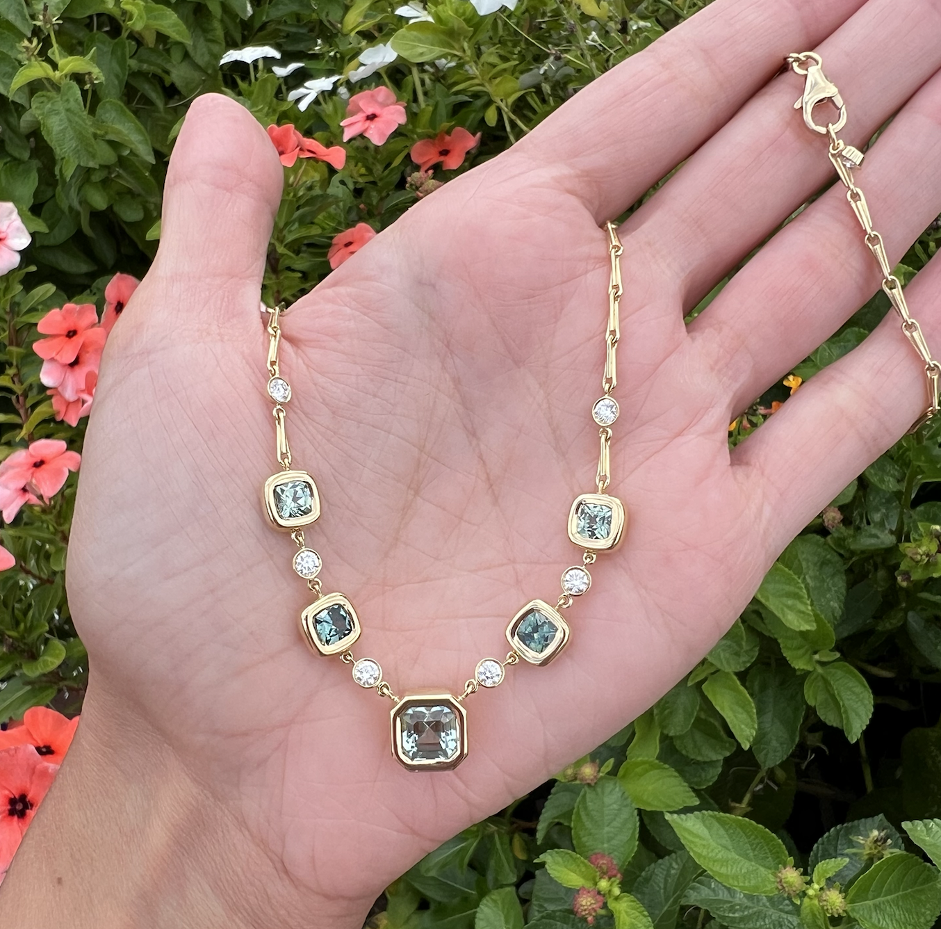 Brent Neale One of a Kind Pillow Station Necklace with Mint Tourmaline and Montana Sapphires