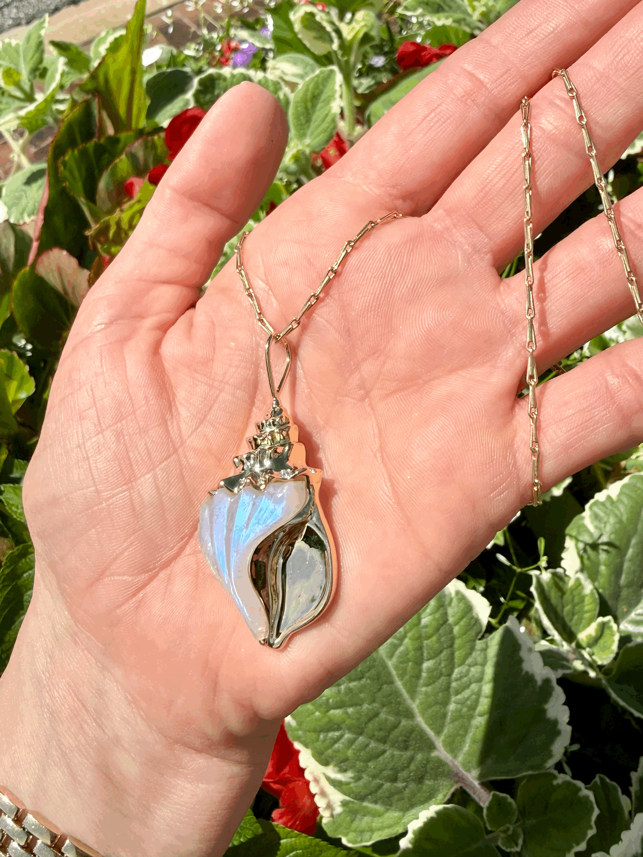 Brent Neale Large Conch Shell Pendant with Carved Rainbow Moonstone (SPECIAL ORDER)