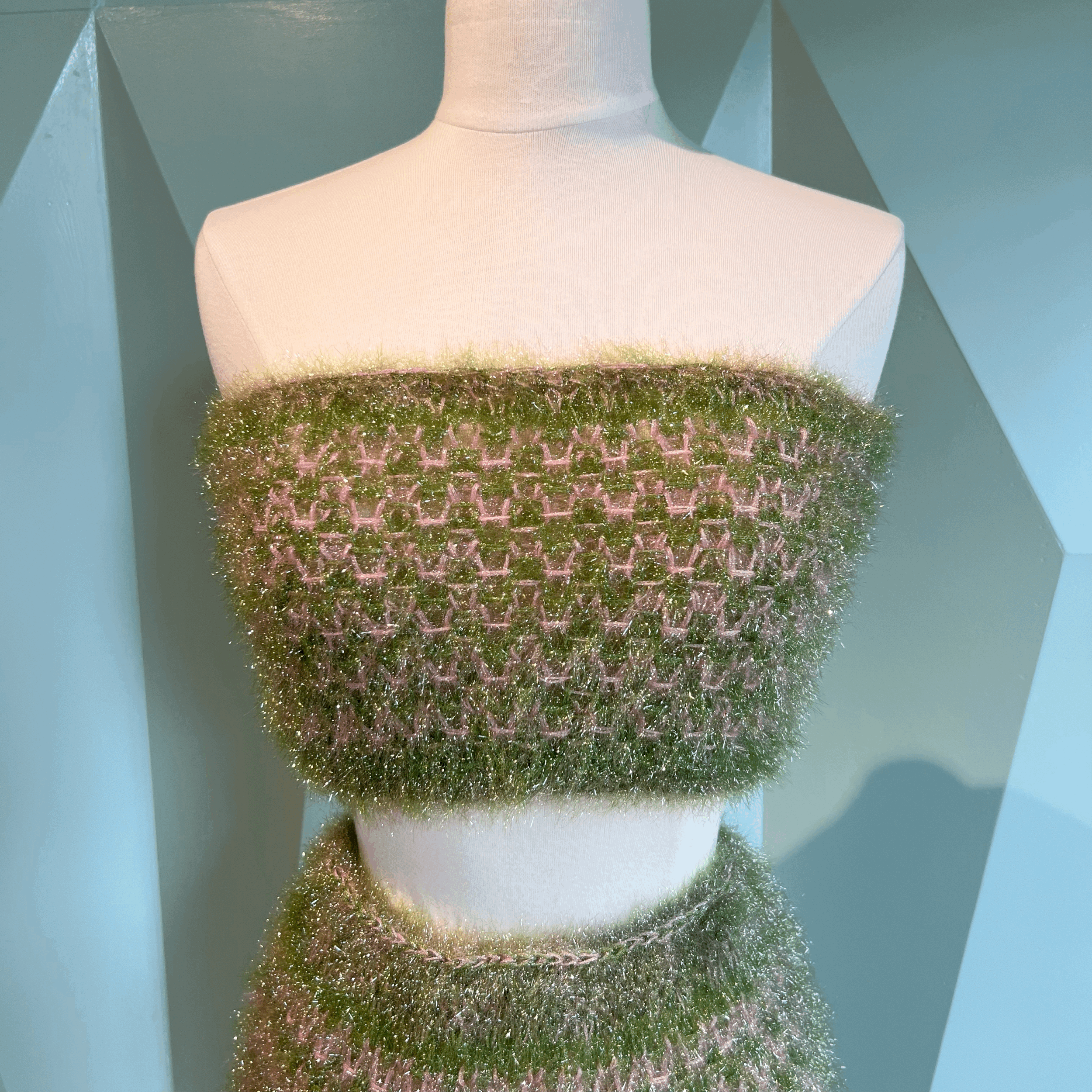 Rodarte Hand Knit Strapless Top in Moss Green and Pink Tweed XS/S Only