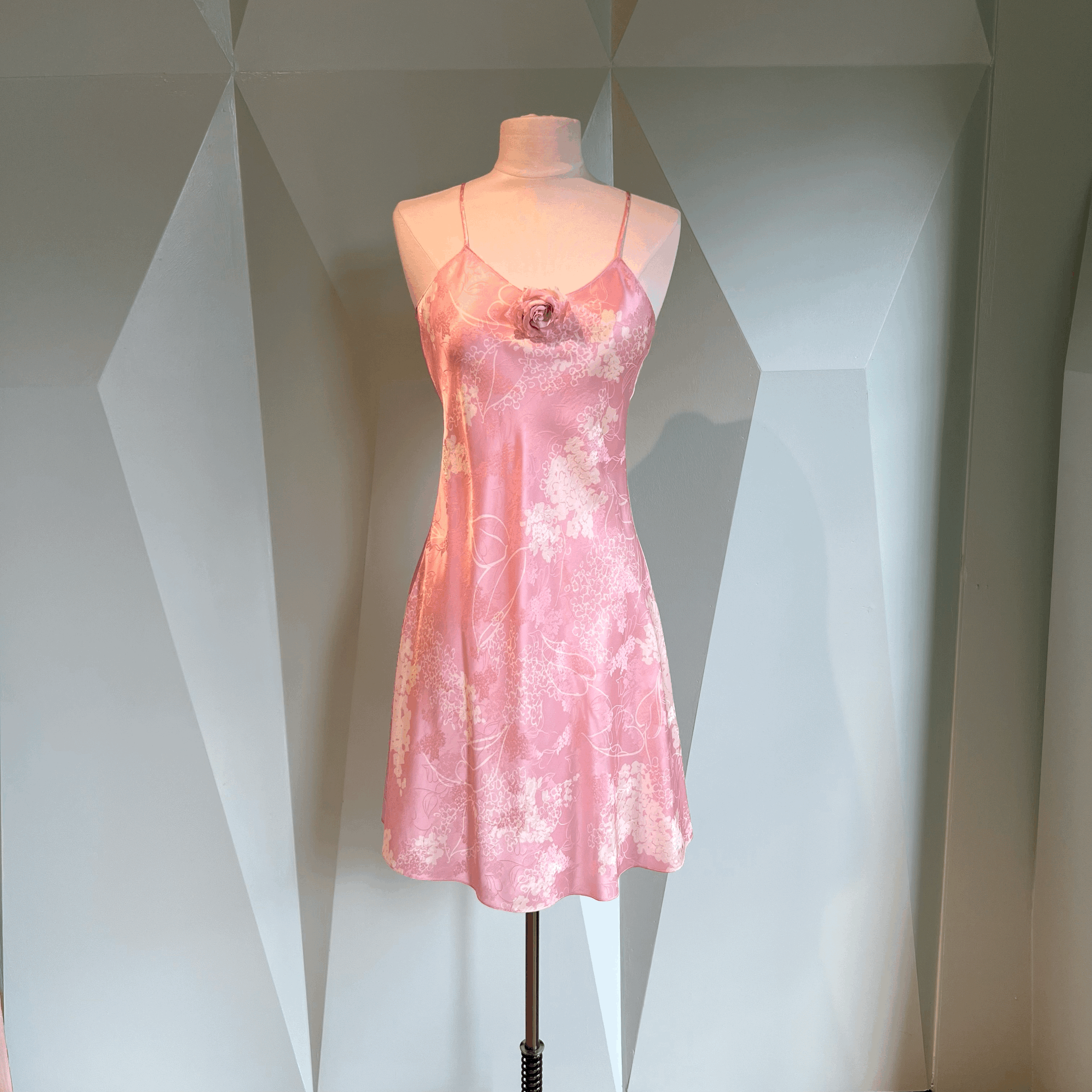 Rodarte Pink And Off White Floral Printed Silk Jacquard Mini Bias Sip Dress With Silk Flowers SIZE 4 ONLY
