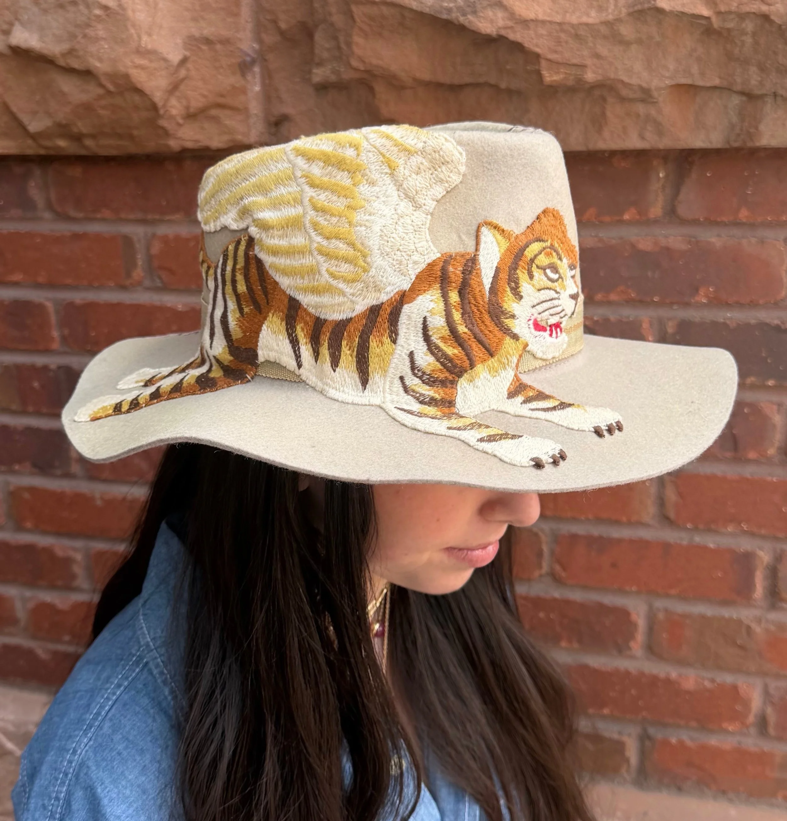 Very Bent Tan Felt Cowboy Hat with Flying Tiger