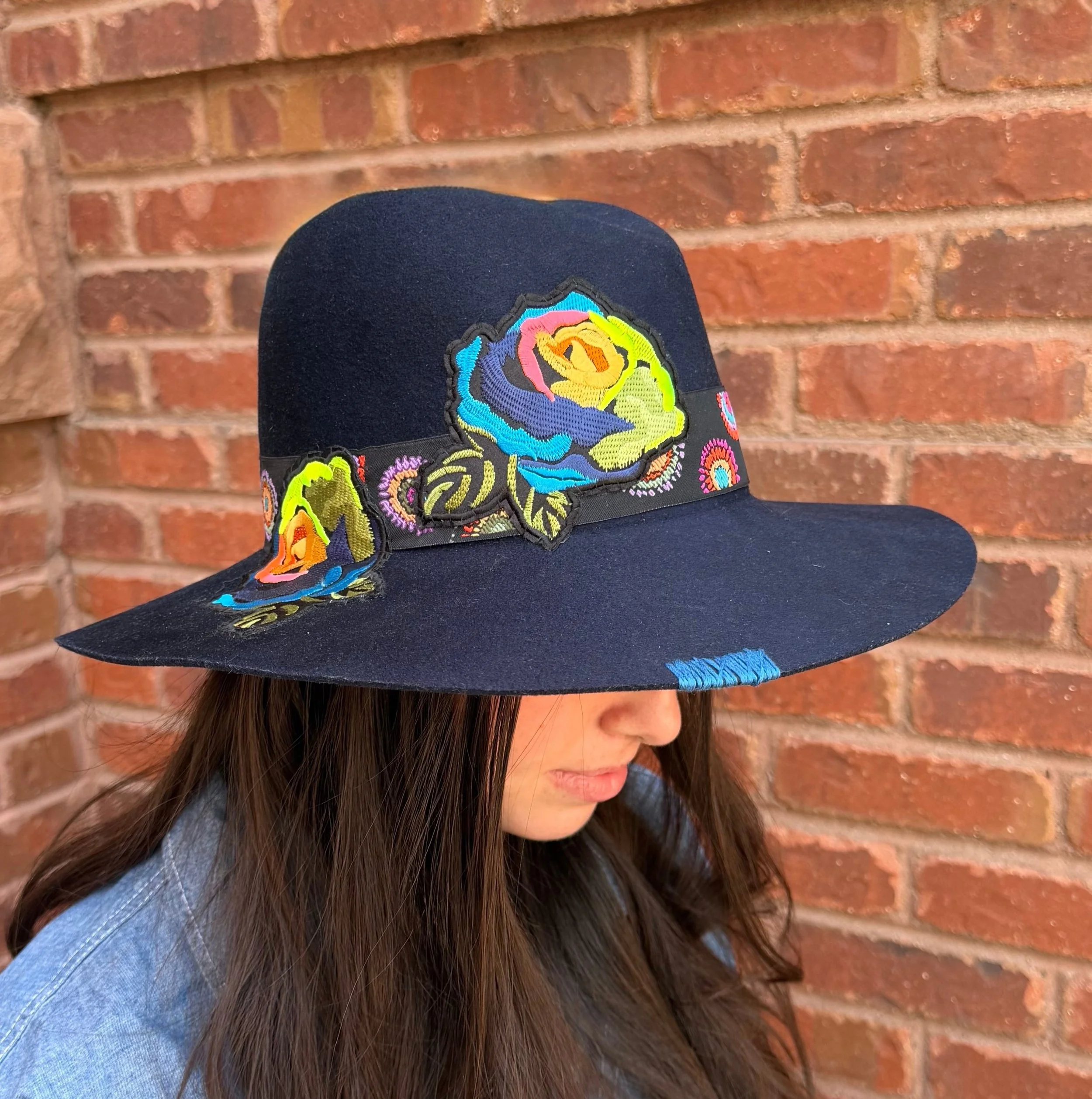 Very Bent Navy Janessa Hat with Neon Roses
