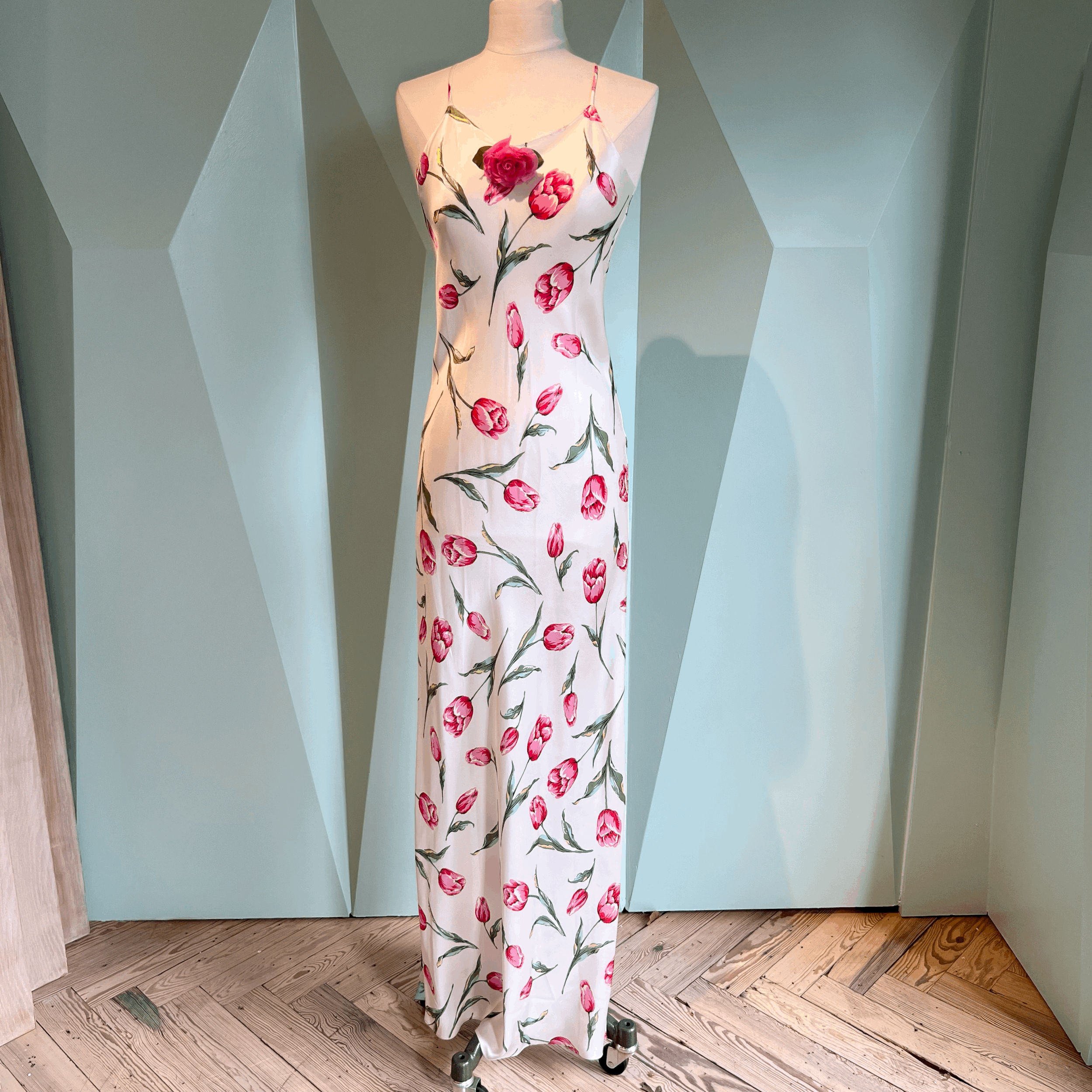 Rodarte Tulip Printed Silk Satin Bias Slip Dress with Silk Flower - SIZE 6 ONLY