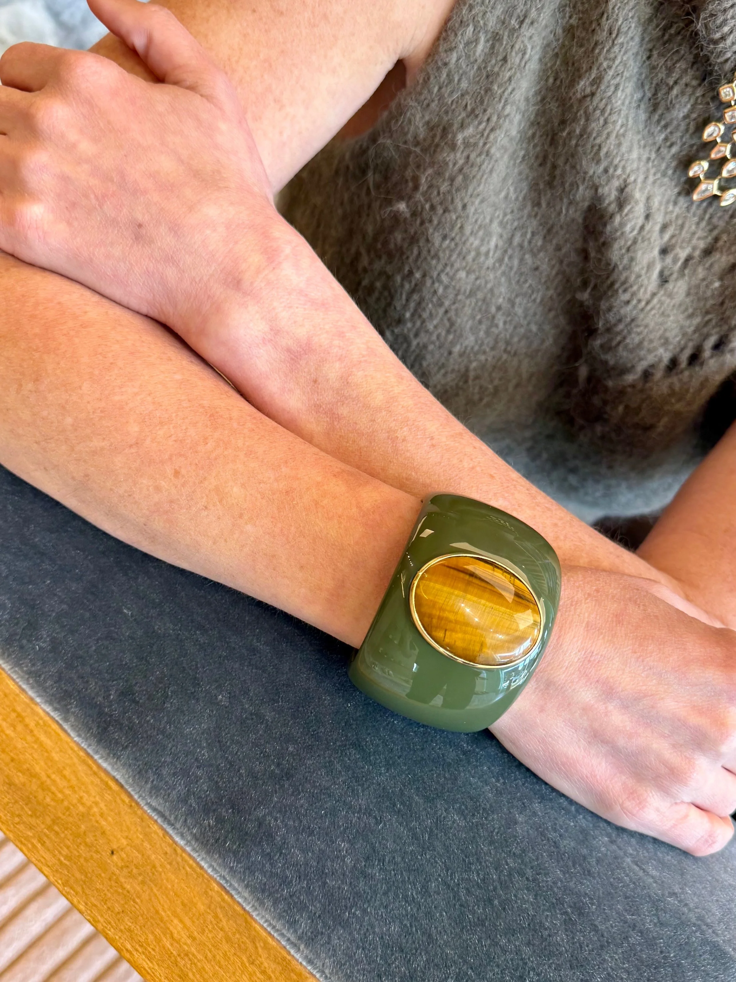 Bei Tesori Olive Bakelite Cuff with Tigers Eye