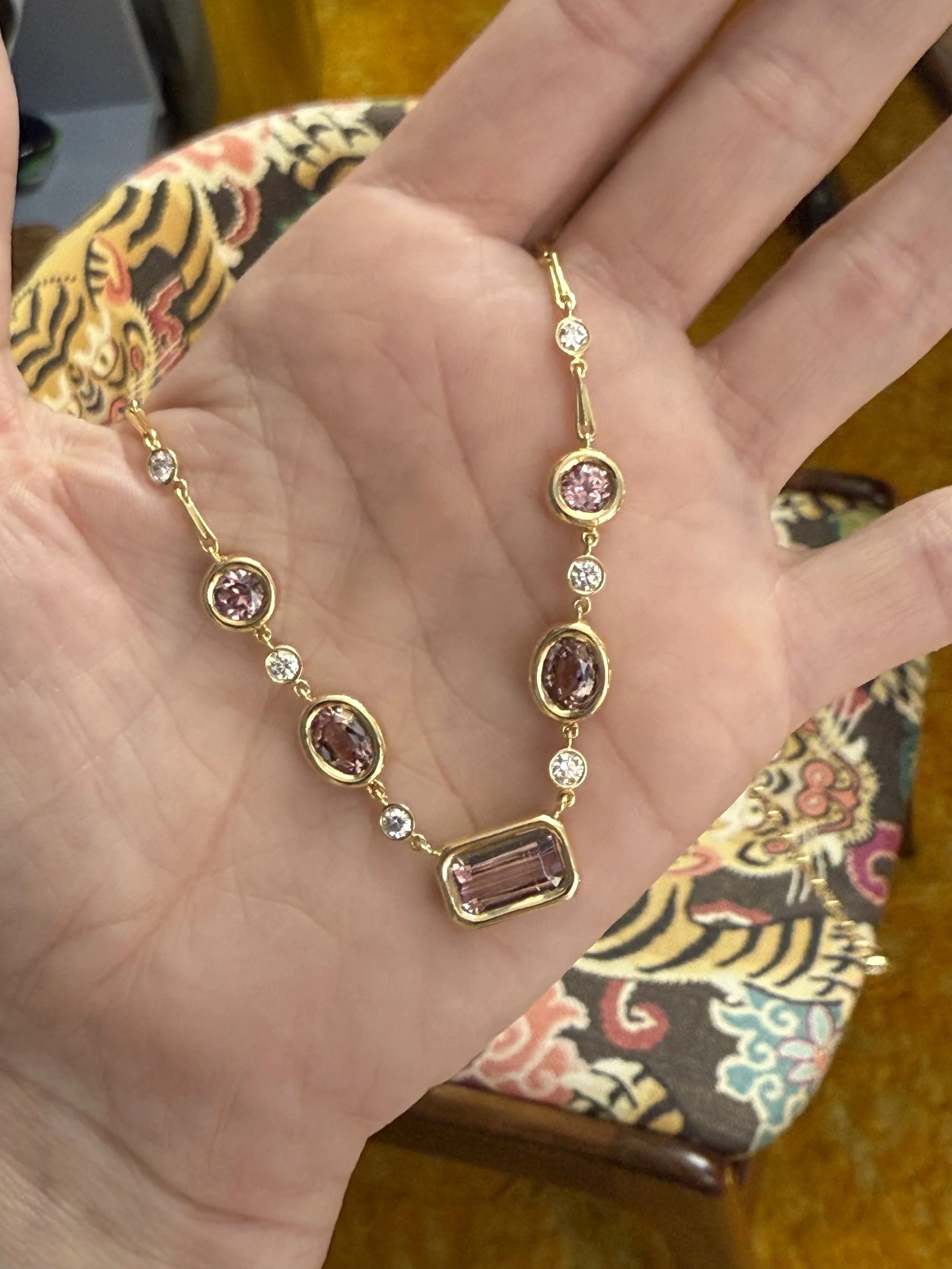 Brent Neale One of a Kind Pillow Station Necklace with Pink Tourmaline and Malaya Garnets