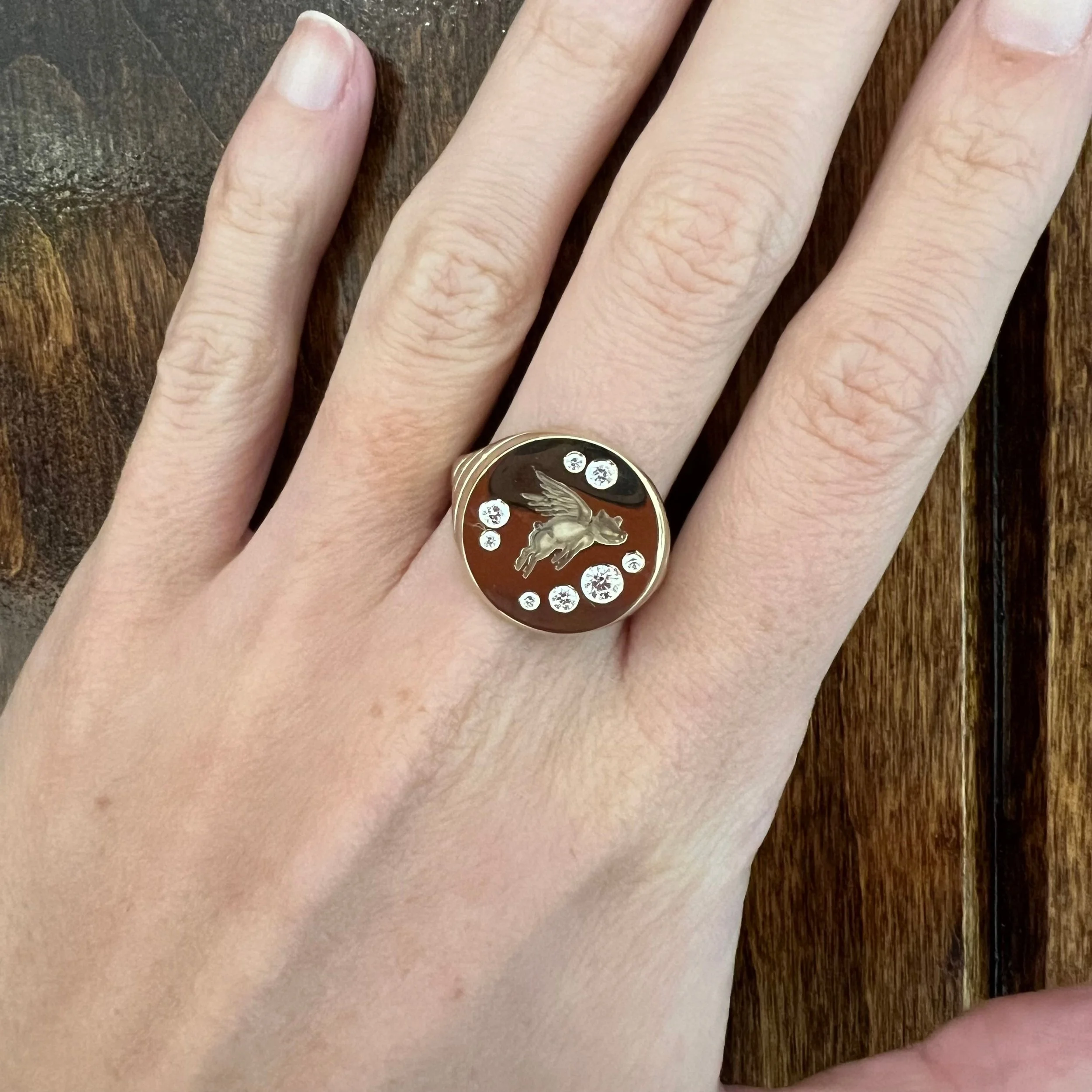 Retrouvai Flying Pig Fantasy Signet Ring with Diamonds - SPECIAL ORDER