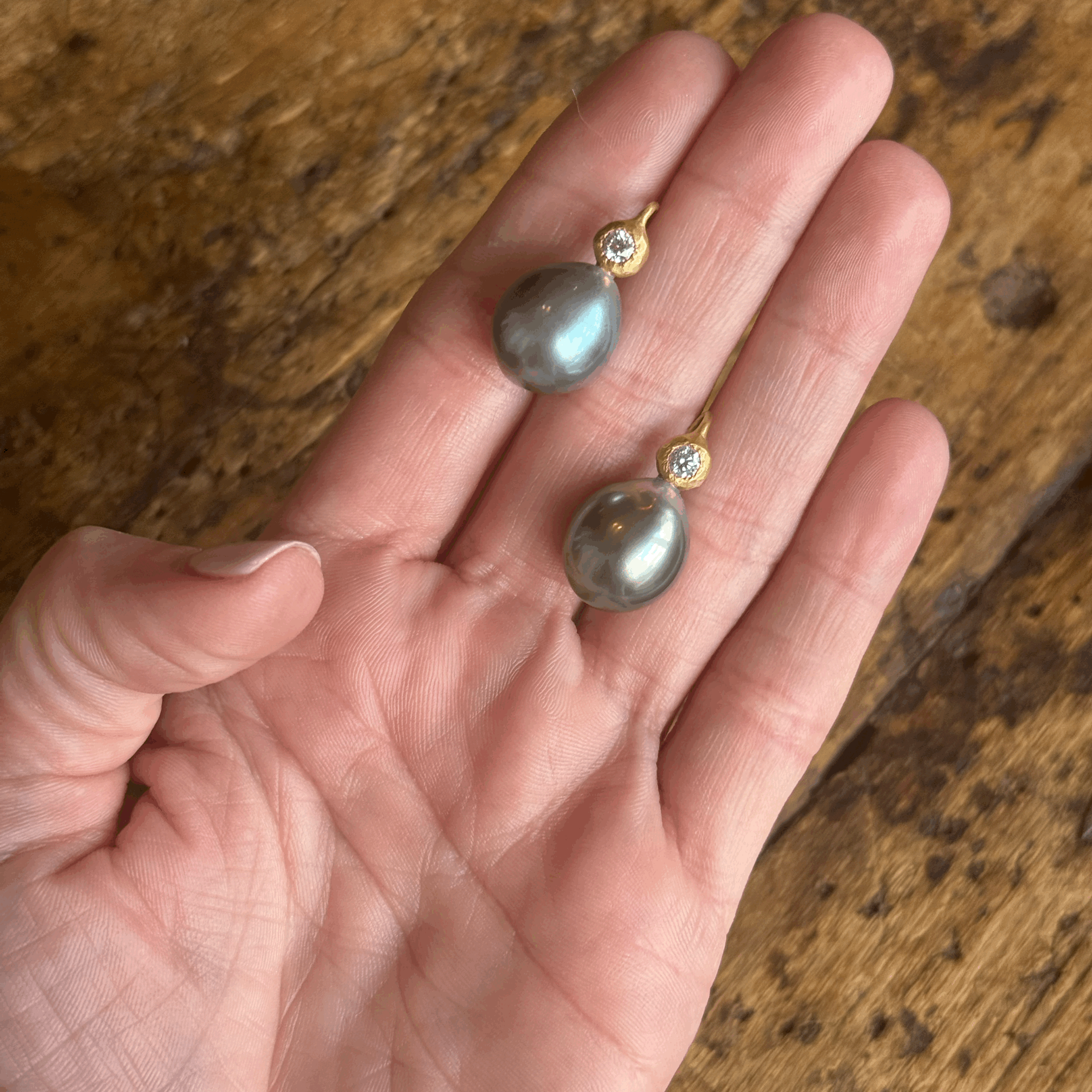 Liz Legg 18K Yellow Gold Diamond Bezel and Tahitian Pearl Drop Earrings