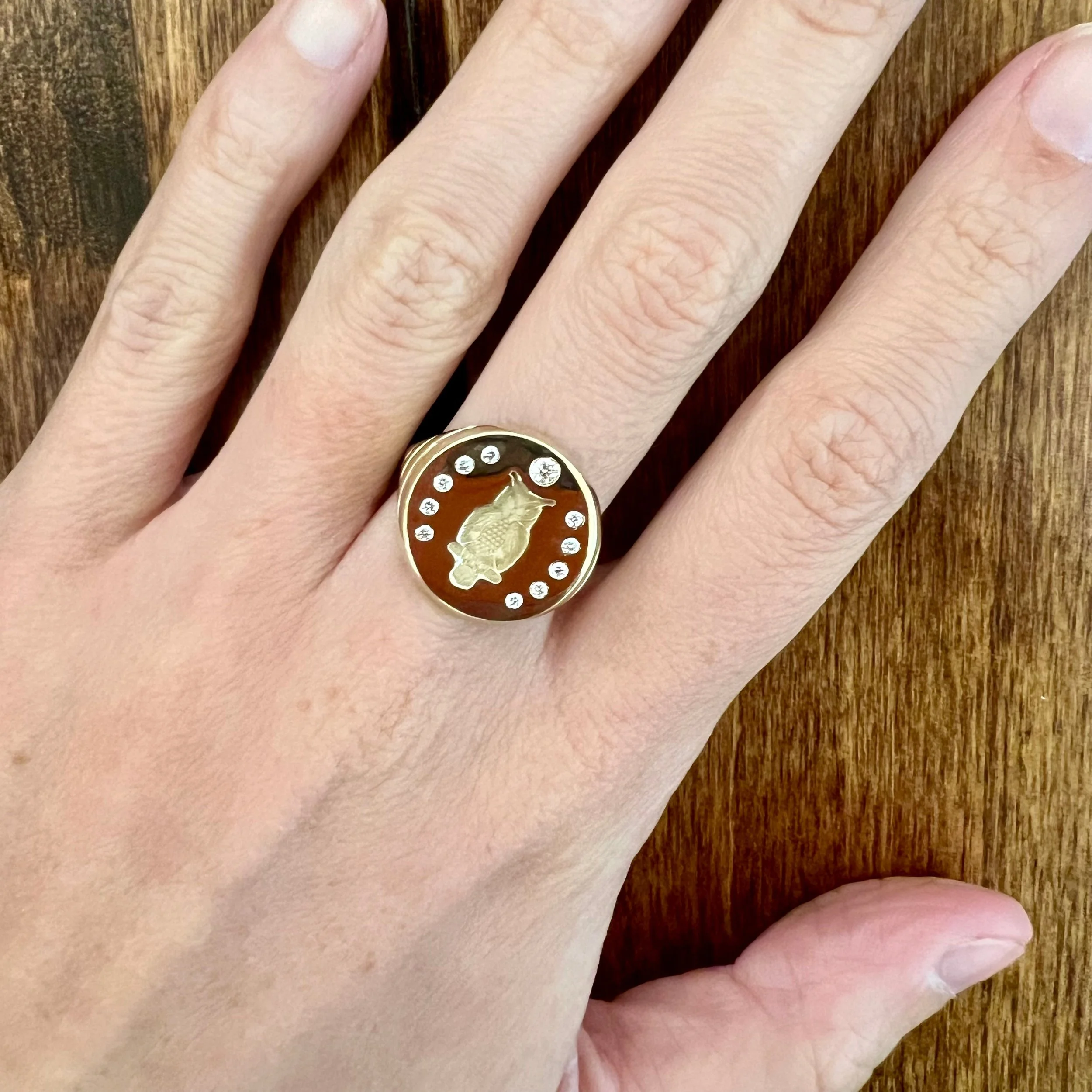 Retrouvai Owl Fantasy Signet Ring with Diamonds -