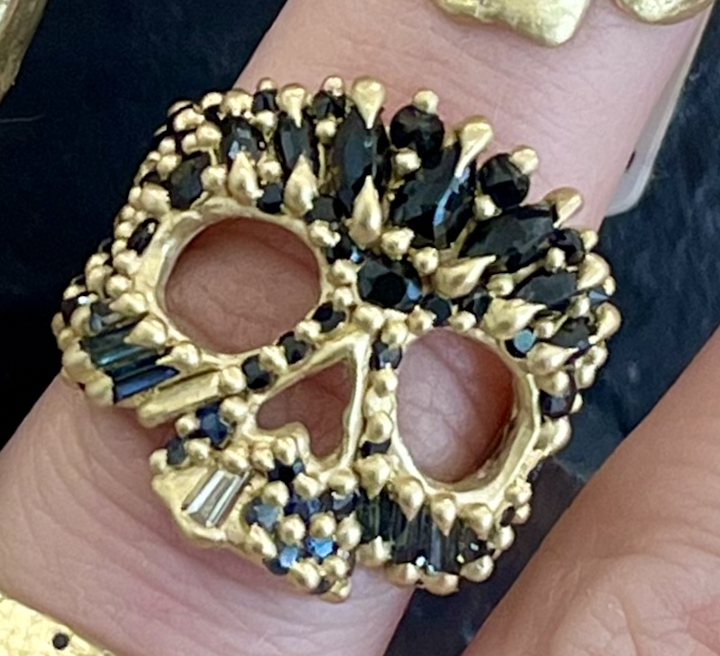 Polly Wales 18K Yellow Gold Black to Blue to Teal Fade Skull Ring One of a Kind