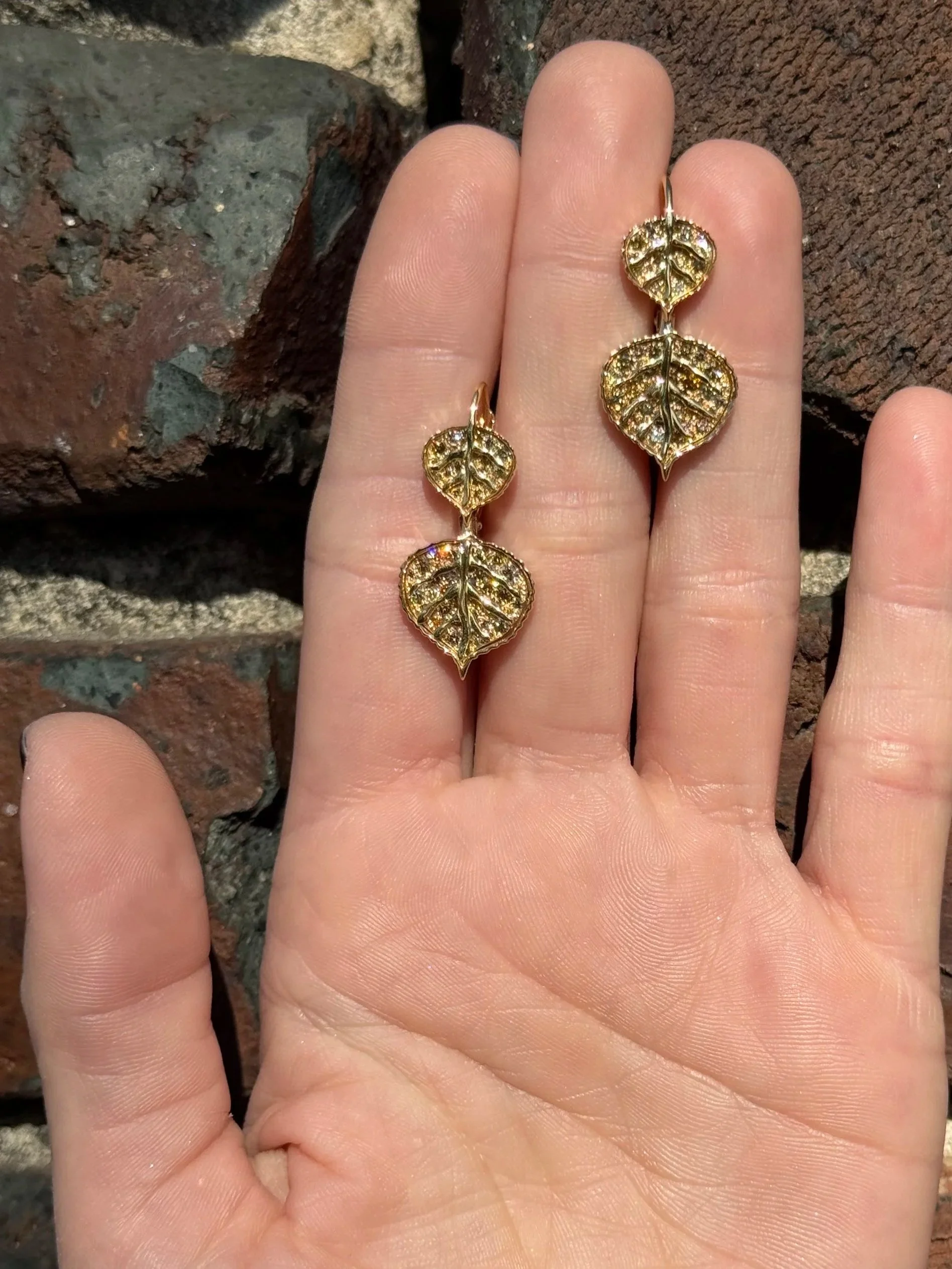 Brent Neale 18K Gold Falling Pave Aspen Leaf Drop Earrings (SPECIAL ORDER)