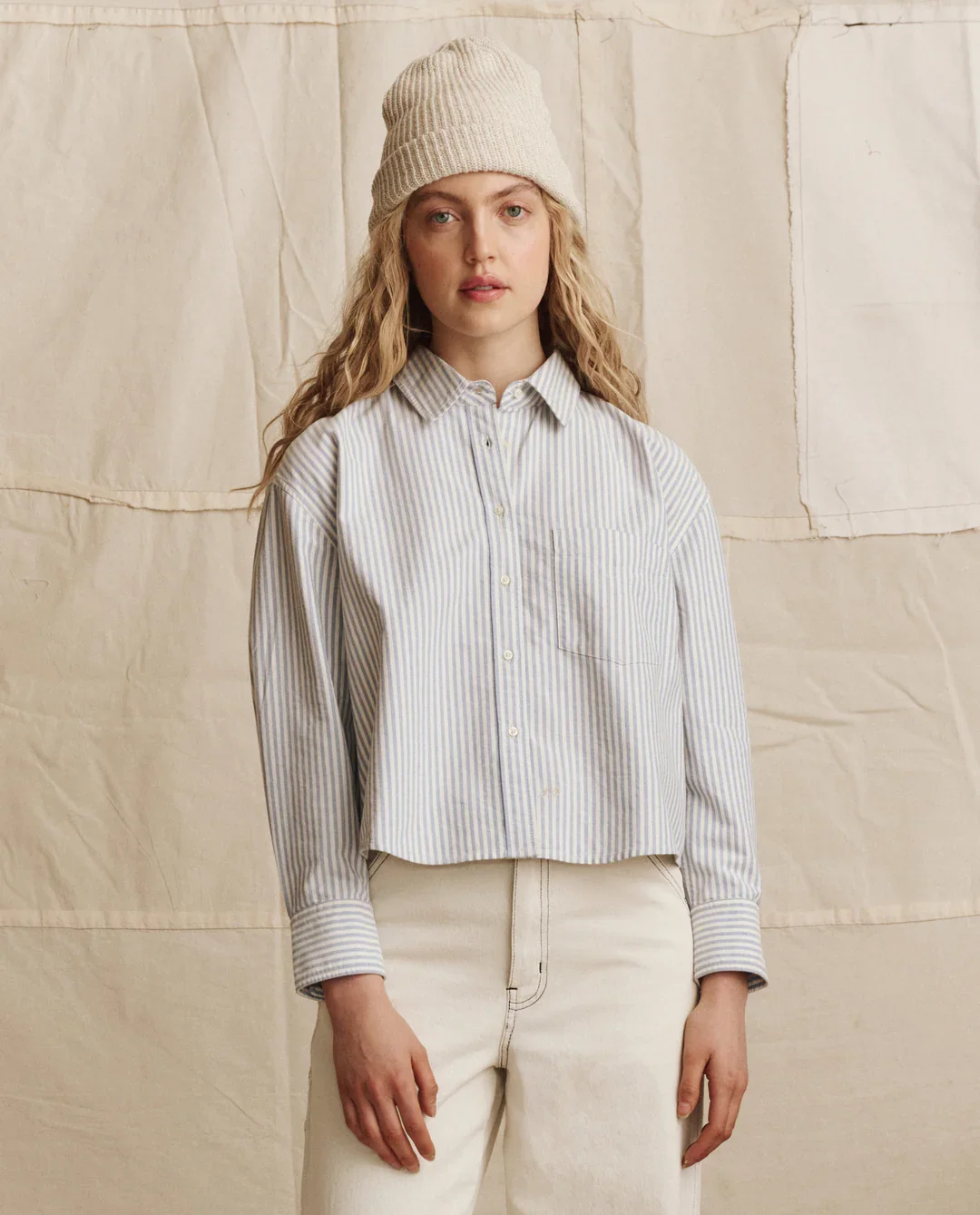 The Great Cropped Oxford Shirt in Soft Blue Stripes