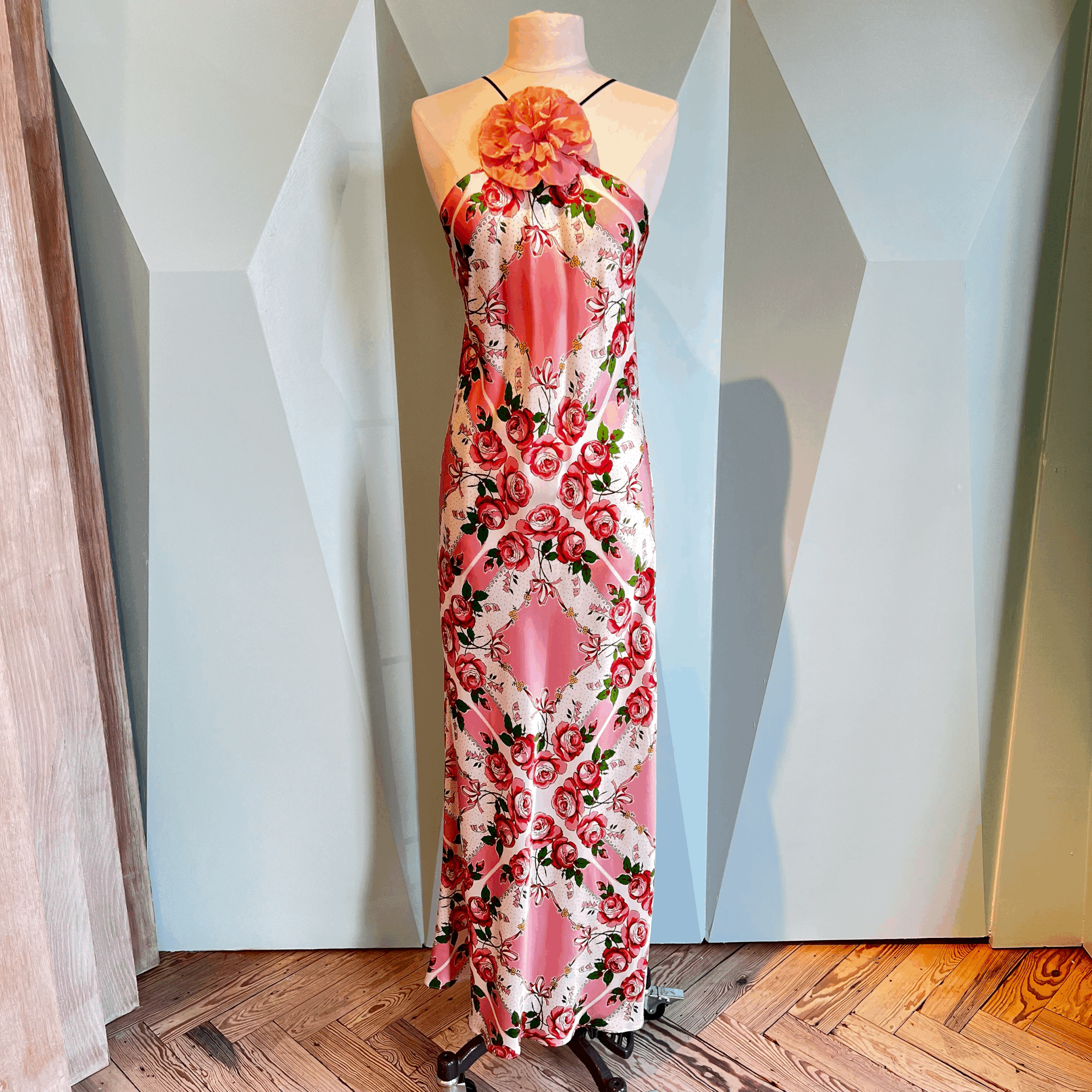 Rodarte Pink Rose Printed Silk Satin Bias Halter Gown with Silk Flower Pin