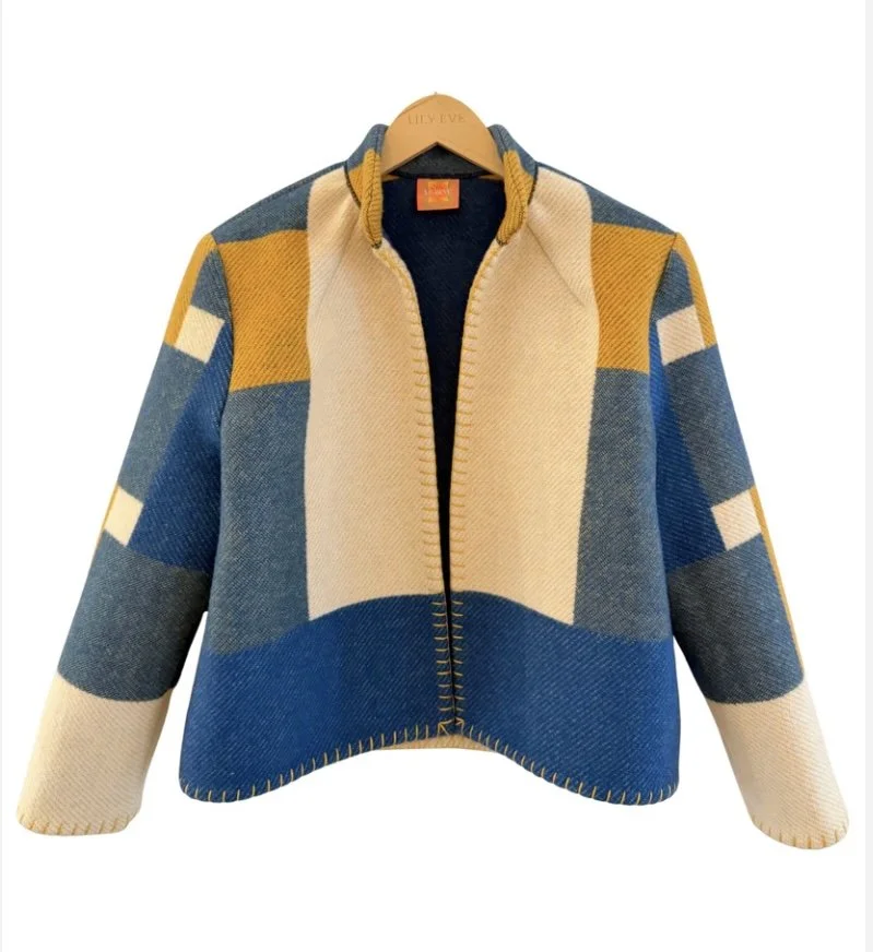 Lily Eve Blanket Series 6 Hermes Vintage Blanket Short Colorblock Jacket with Blues and Golds