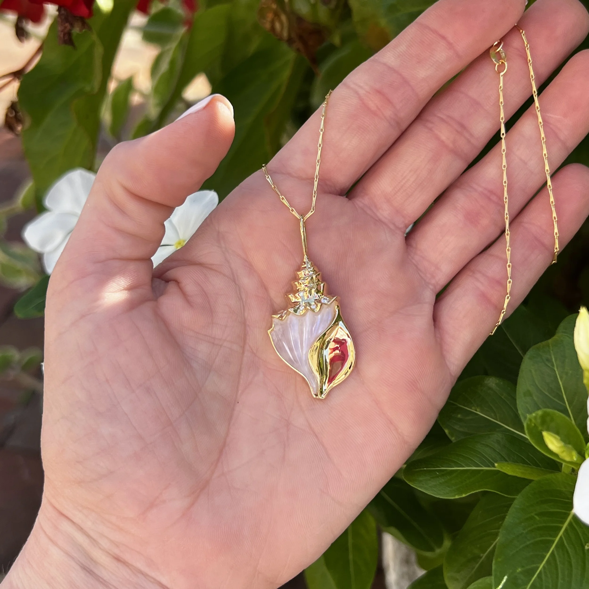 Brent Neale Small Conch Shell Pendant with Carved Rainbow Moonstone