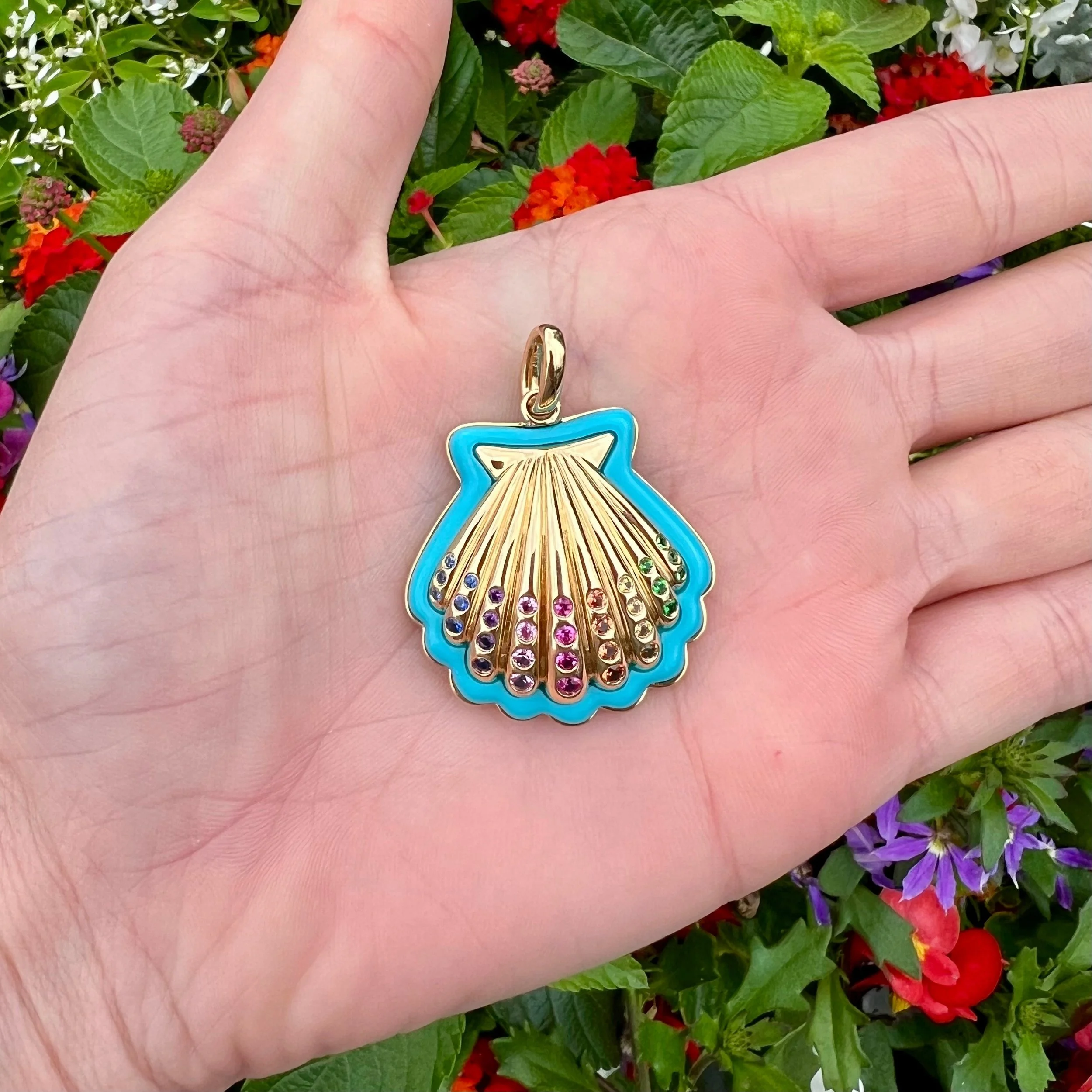 Boochier Jumbo Turquoise Yellow Gold Rainbow Sapphire Seashell Pendant