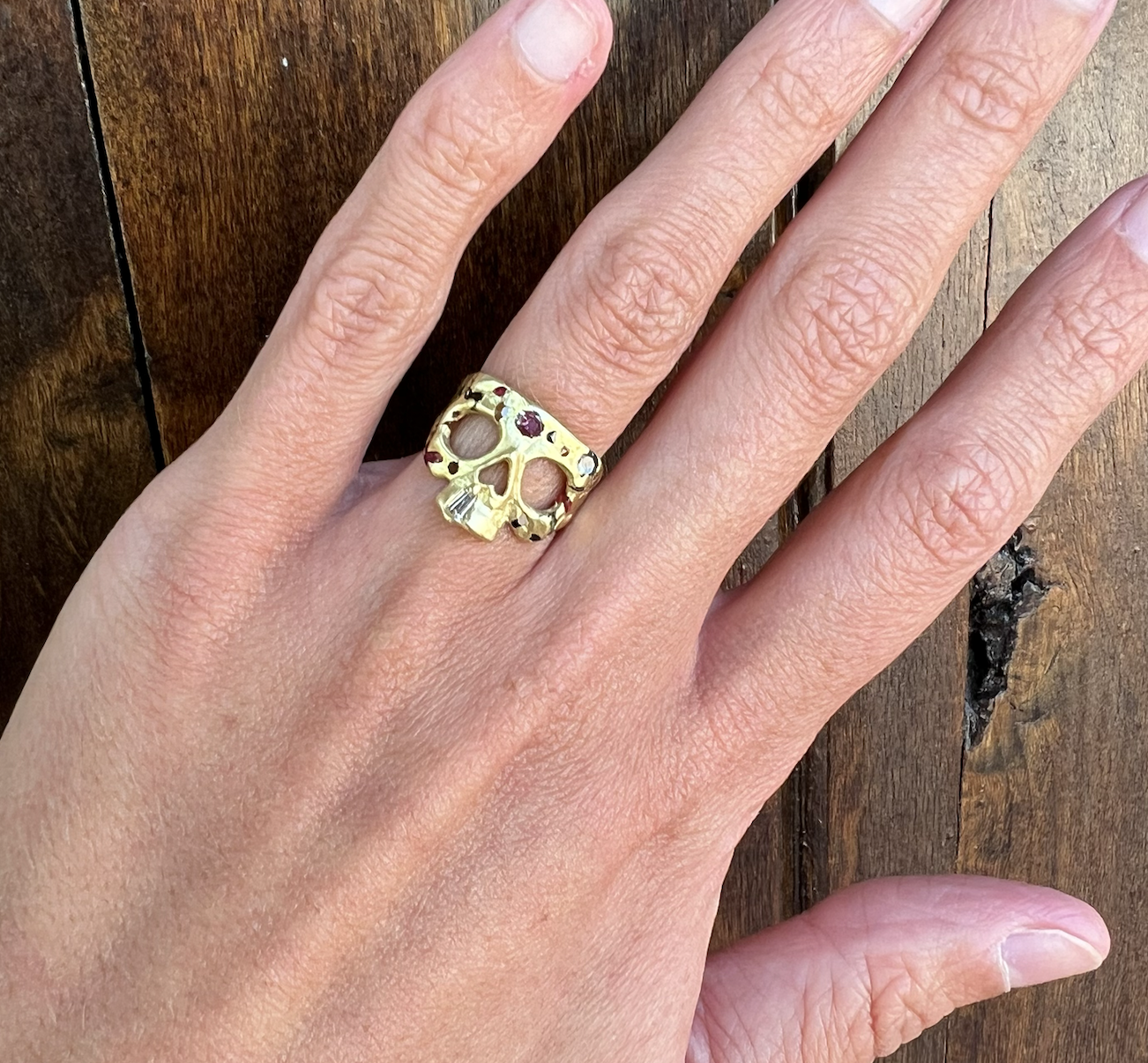 Polly Wales 18K Yellow Gold XS Confetti Skull Pinky Ring with Rainbow Sapphires