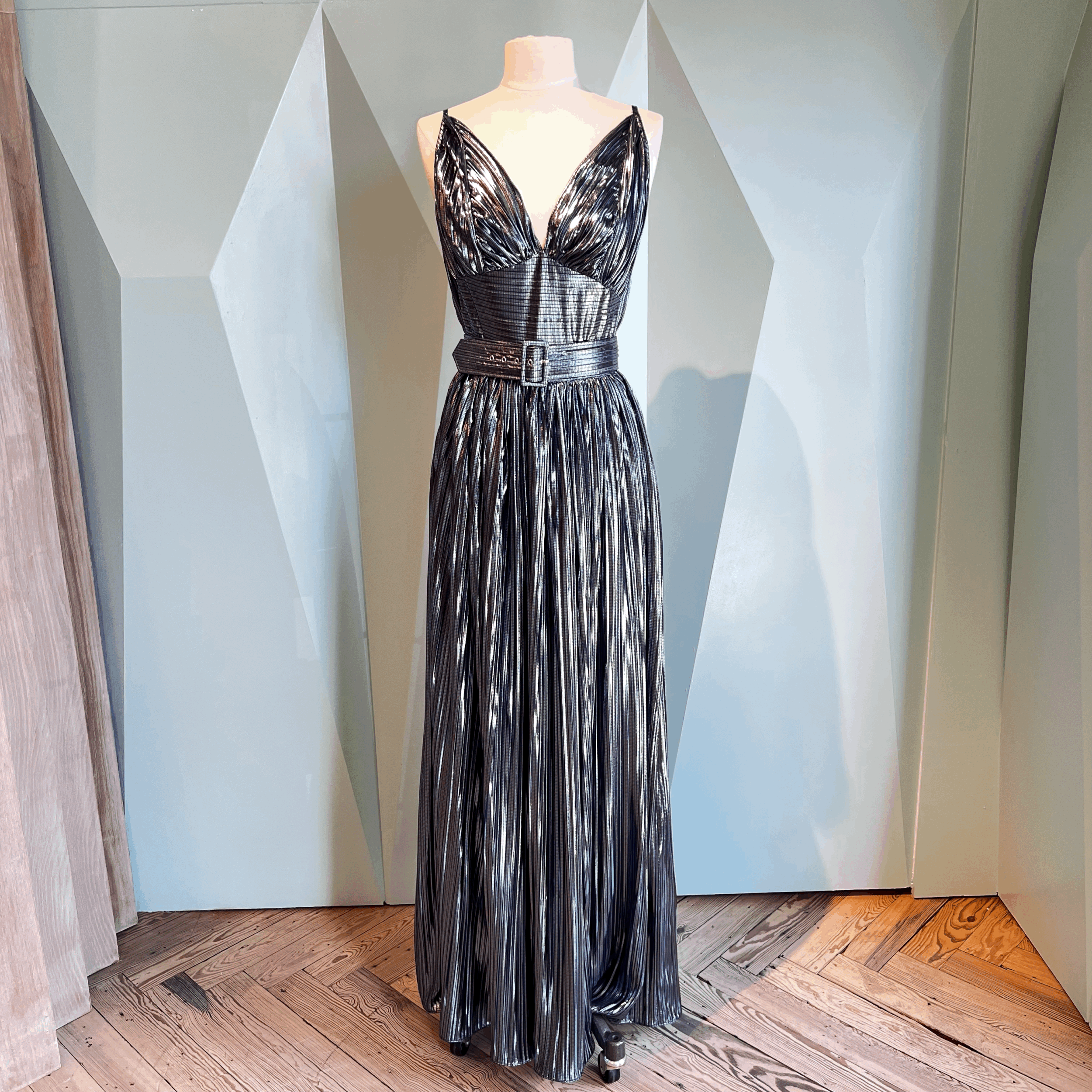 Rodarte Metallic Blue Pleated Gown with Belt