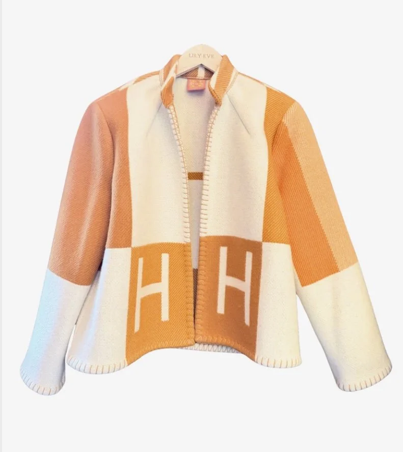 Lily Eve Blanket Series 5 Hermes Vintage Blanket Short H Pattern with Orange and Cream Tones