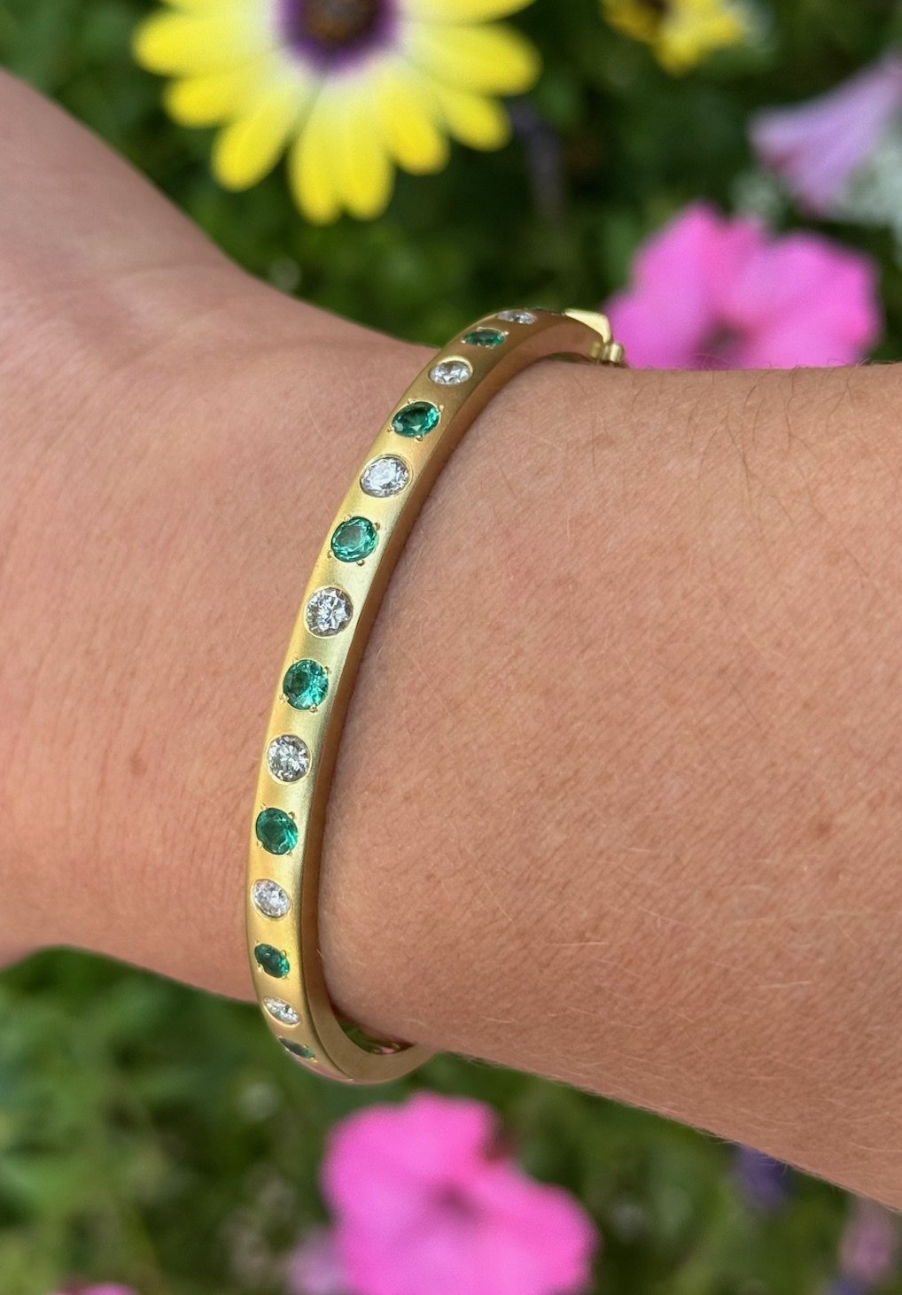 Jenna Blake 18K Yellow Gold and Diamond and Emerald Gypsy Bangle