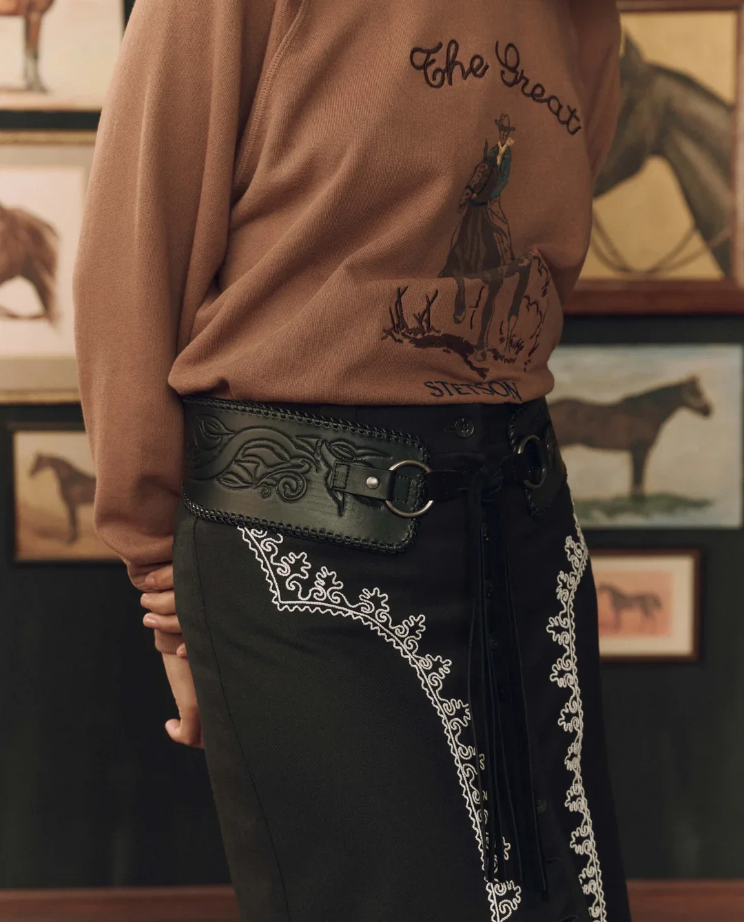 Stetson & The Great. Tooled Corseted Belt in Black