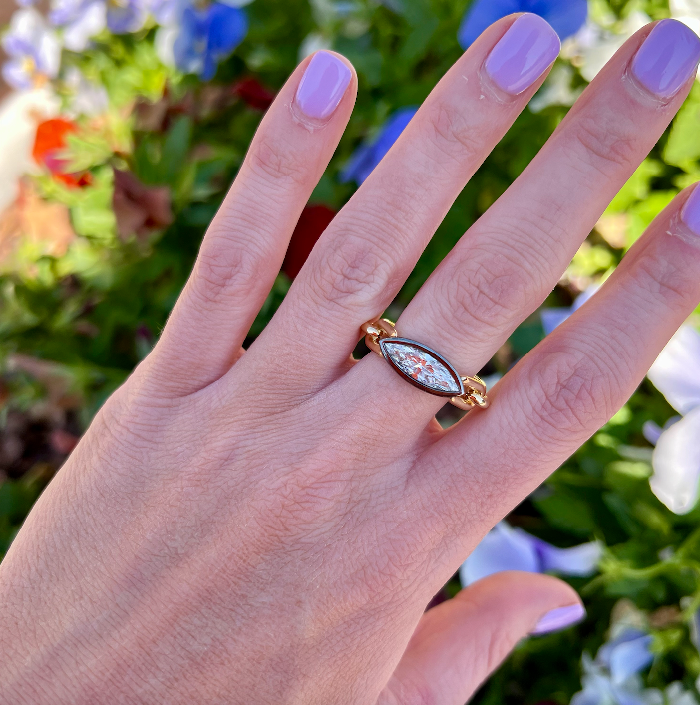 Uniform Object Chain Ring with Marquis DIamond
