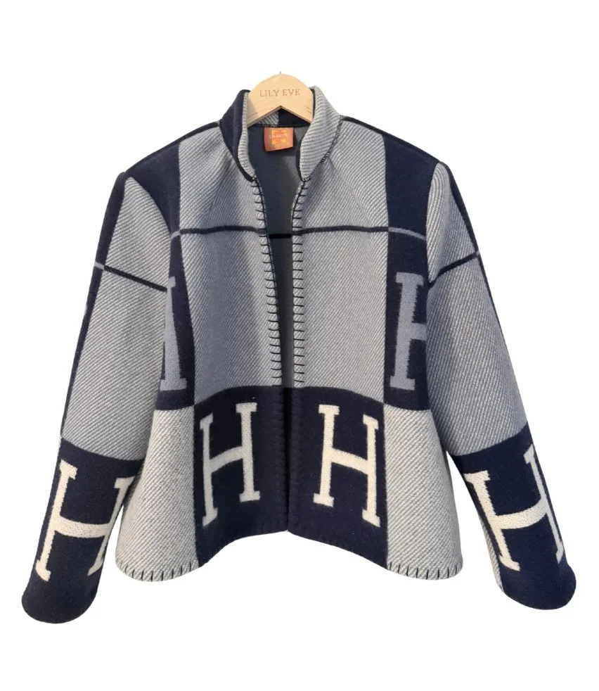 Lily Eve Blanket Series 2 Hermes Vintage Blanket Short H Pattern with Navy and Blue Tones