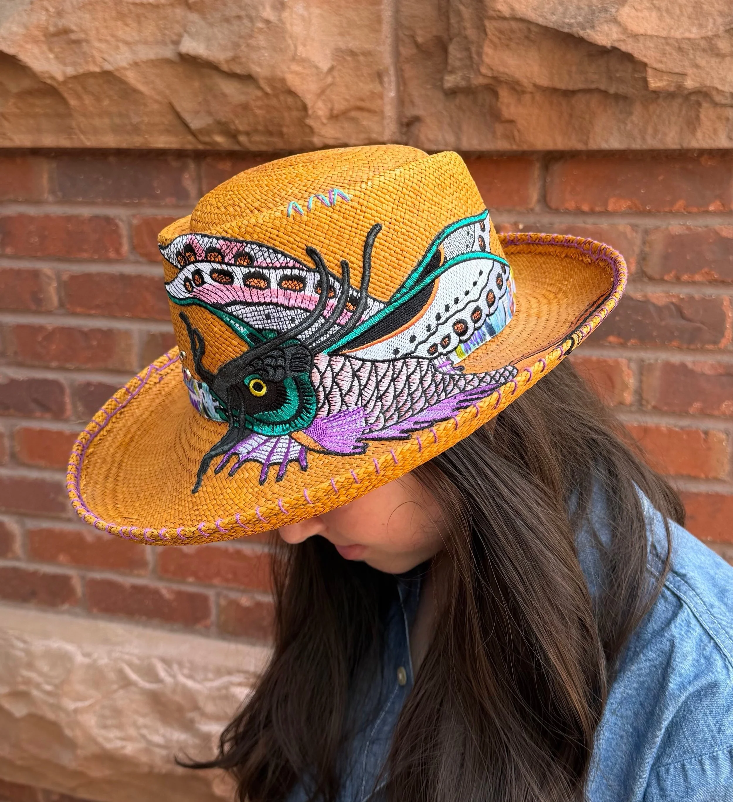 Very Bent straw hat with Rainbow Fish and Lily