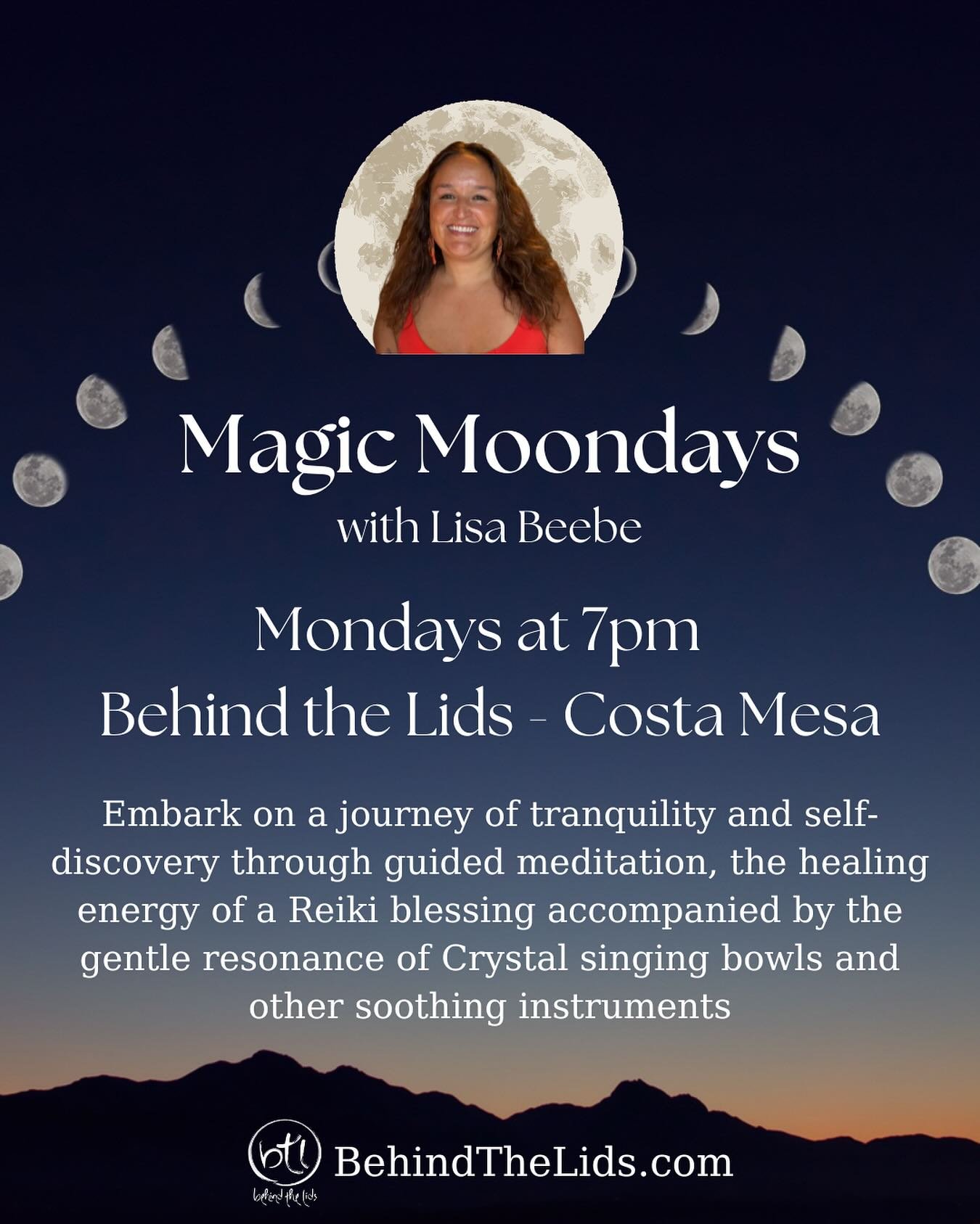 ✨Join Lisa at Behind the Lids every Monday night.  Embark on a journey of tranquility and self-discovery through guided meditation, the healing energy of a Reiki blessing accompanied by the gentle resonance of Crystal singing bowls and other soothing