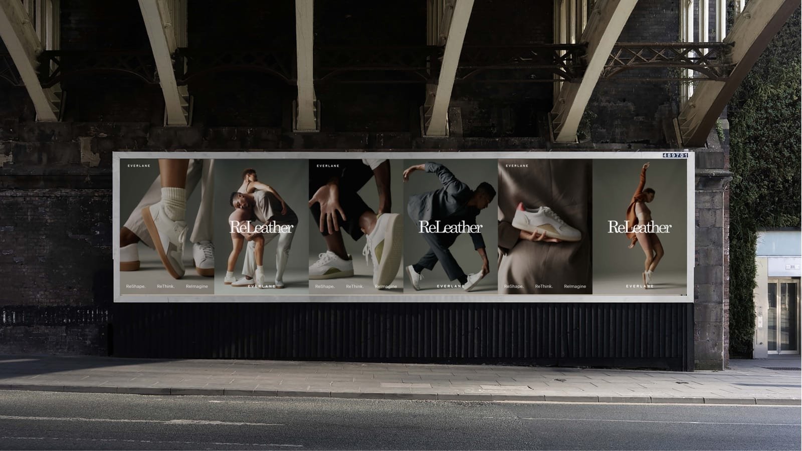 Style was also offered in a recycled leather in 2021. Above shows Everlane campaign for ReLeather sneakers.