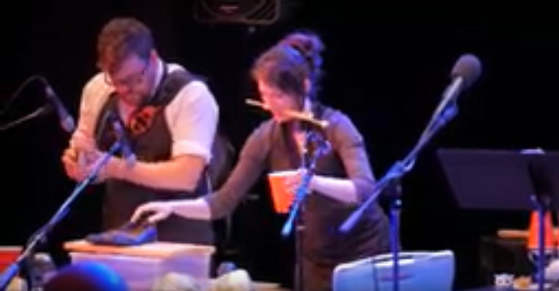 Best of WildClaw Theatre’s Deathscribe 2015; pictured: Foley artists Jeffrey Gardner and Ele Matelan. Photo by Clark Bender, used with permission. See? Hands and mouth!