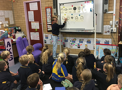 Junior author, C. Hook, explains to a class how to write their names using the ancient Diegesis Script from The Bacalen Archives.