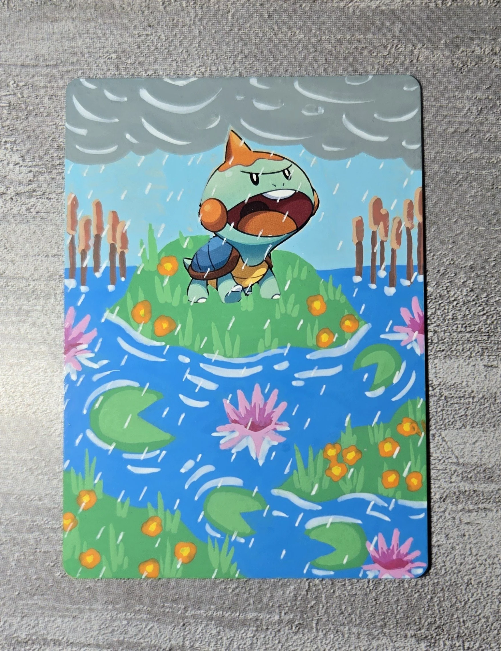 Chewtle : I painted him hanging out on a little island in a lily filled pond on a rainy day.