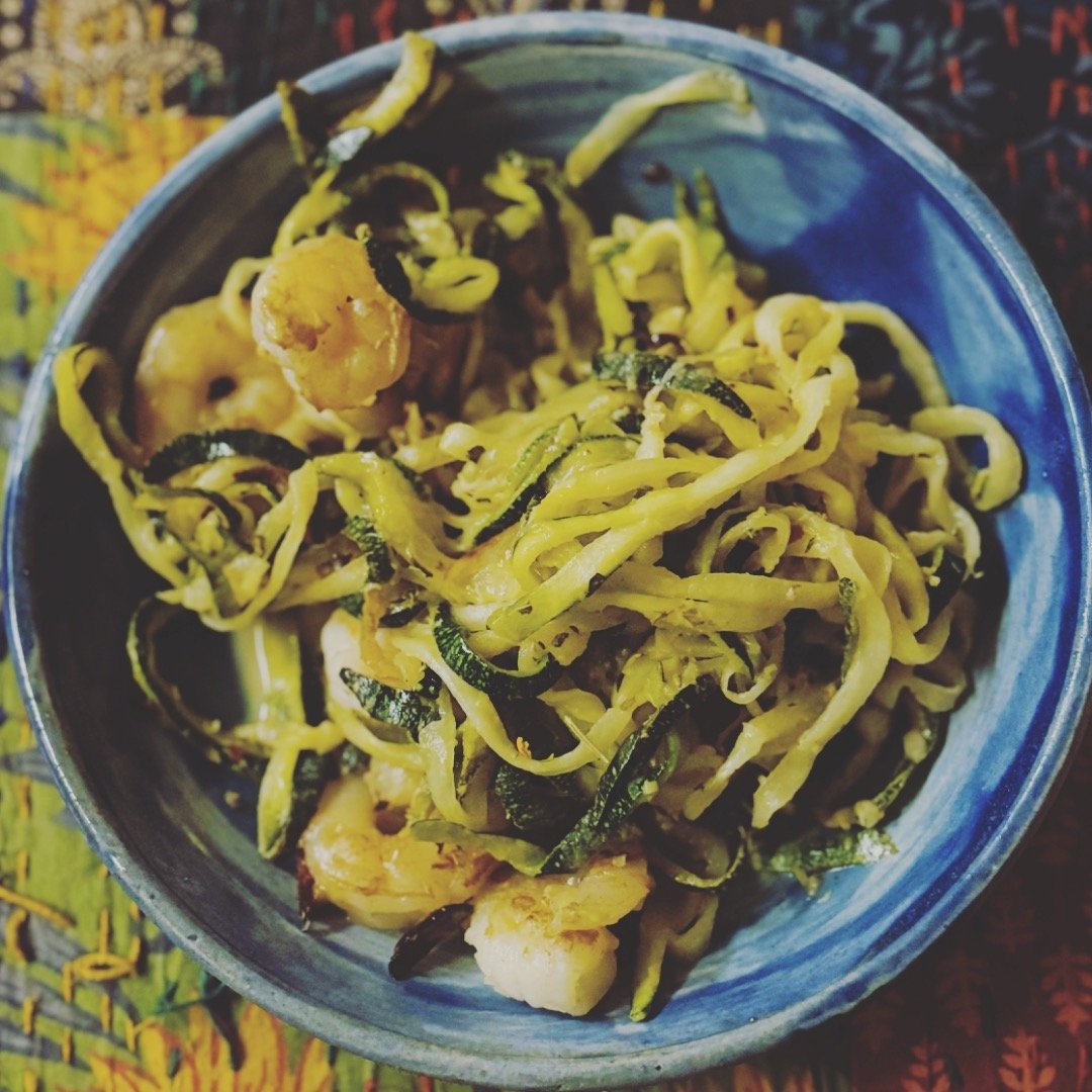 Dinner for one. I&rsquo;m home alone this week, which makes me lazy about cooking, but its been a long day, so tonight was homemade zoodles in new homemade bowl ❤️