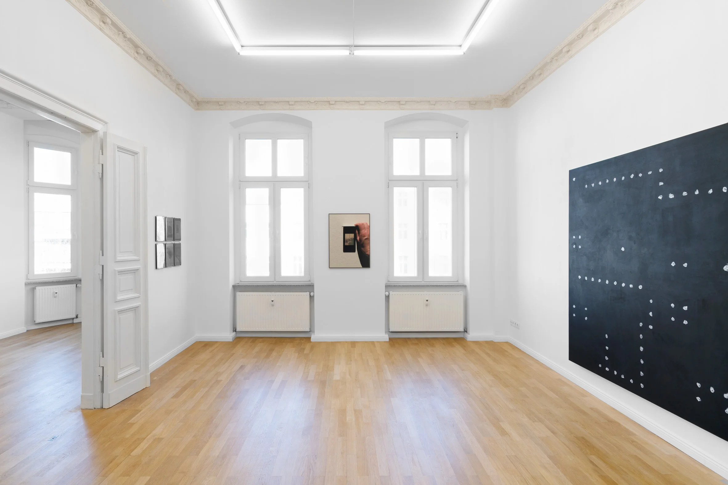 Installation view, Cecilia Left to right: Constantin Thun, Untitled (collection of six works), 2019; Morgaine Schäfer, BWS 3825 (After Rainfall in Munich) , 2019; Jeff Zilm, An Anti-algorithmic Painting in Memory of Jack Burnham , 2019