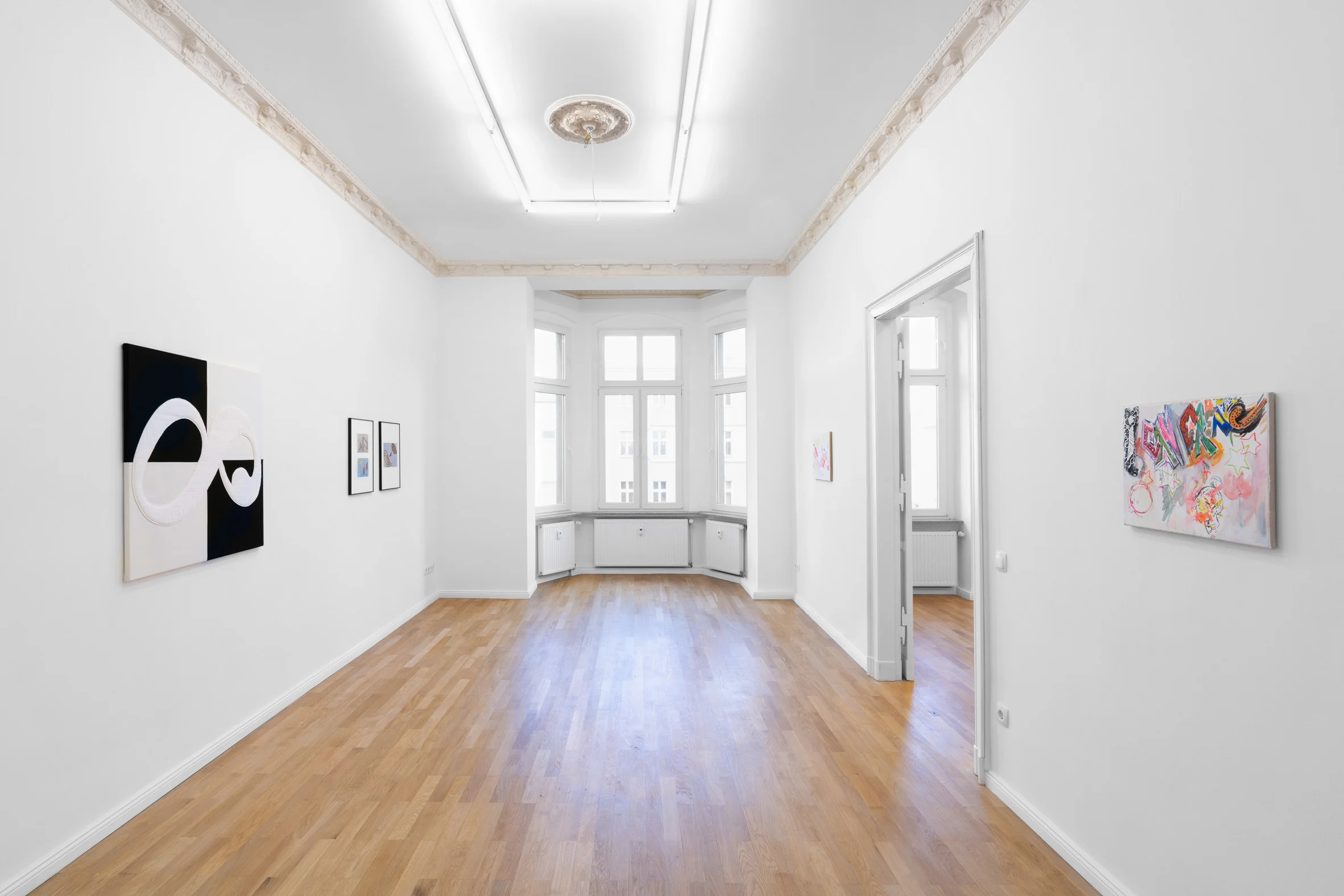 Installation view, Cecilia Left to right: Benjamin Hirte, Not yet titled , 2019; Anna-Sophie Berger, Playproblems 2 , 2018; Anna-Sophie Berger, Playproblems 4 , 2018; Sofia Leiby, Jacqueline (Creative World I) , 2019; Sofia Leiby, Mont Marte (Creative World II) , 2019