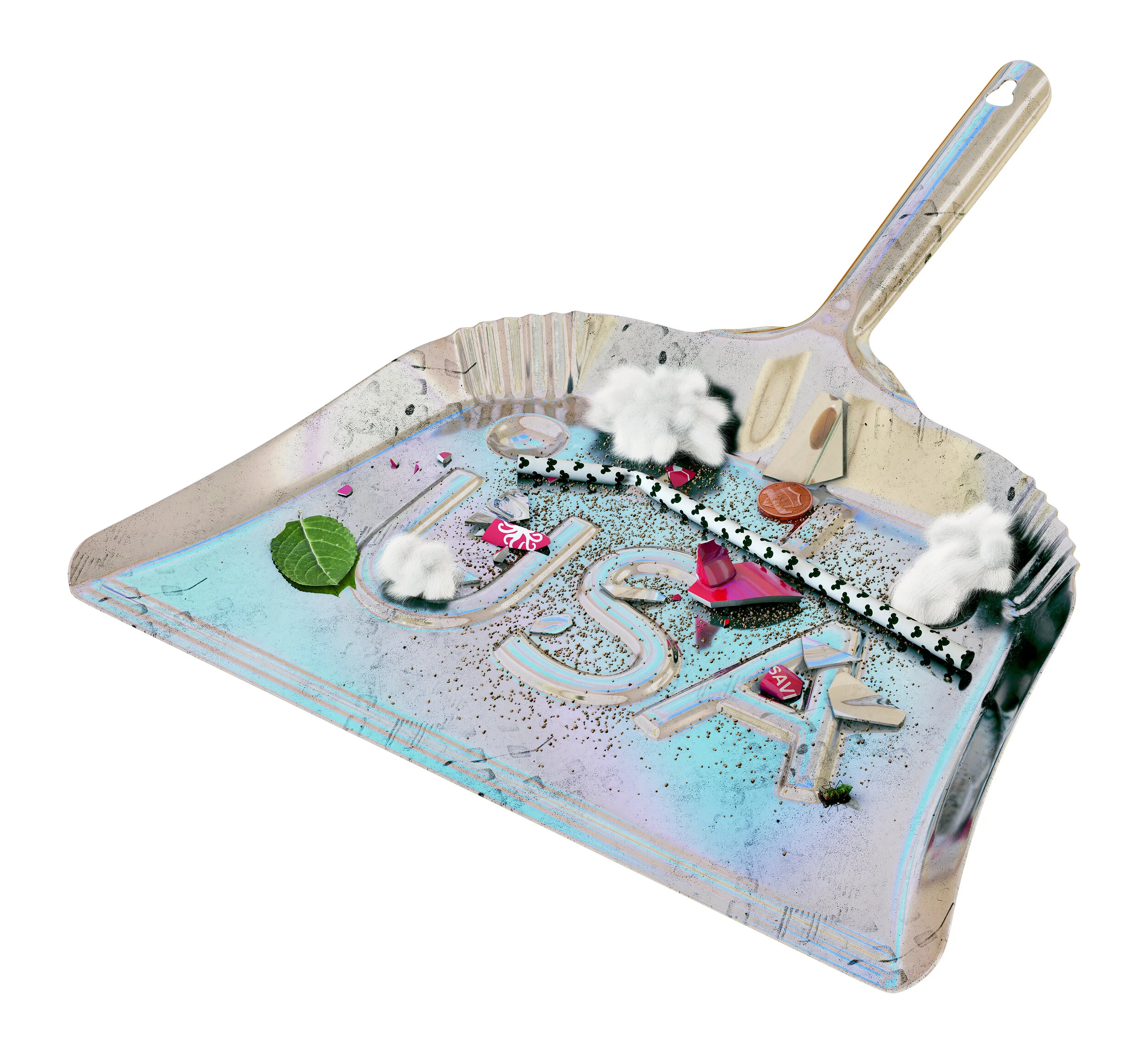 Asha Schechter, Silver Dustpan with C's fur, shards, Mickey, litter, and a leaf , 2019 Inkjet print on adhesive vinyl 137 x 152 centimeters, 54 x 60 inches