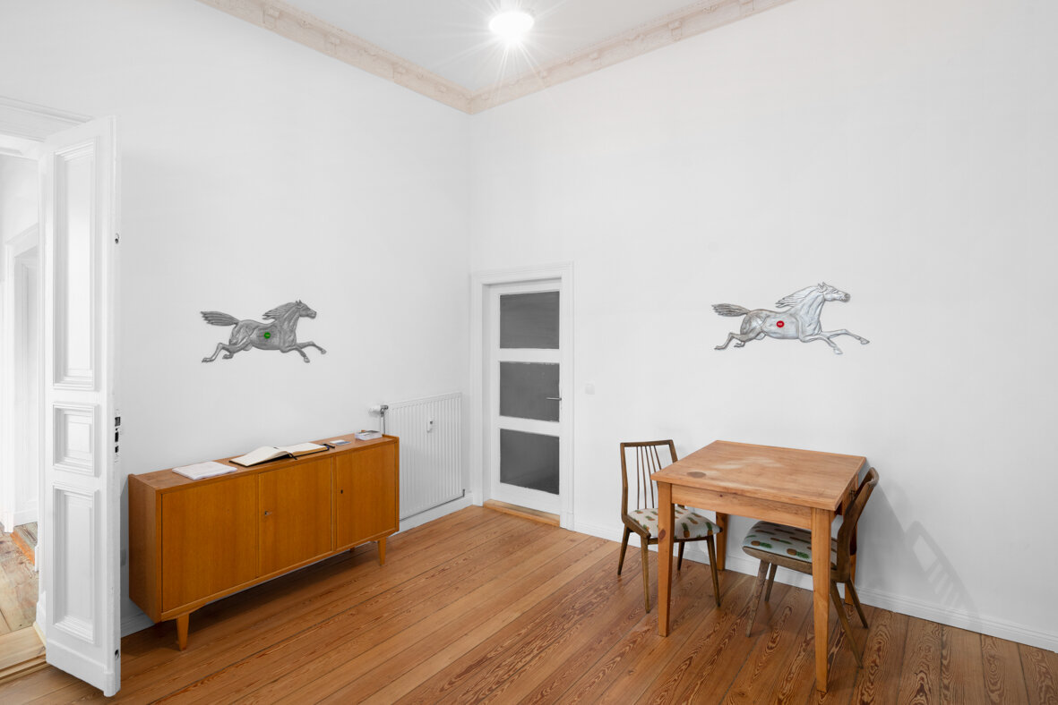 Installation view, Andrew J. Greene, Madeline Hollander, Asha Schechter (office) Left: Andrew J. Greene, Yes , 2019 Right: Andrew J. Greene, No , 2019