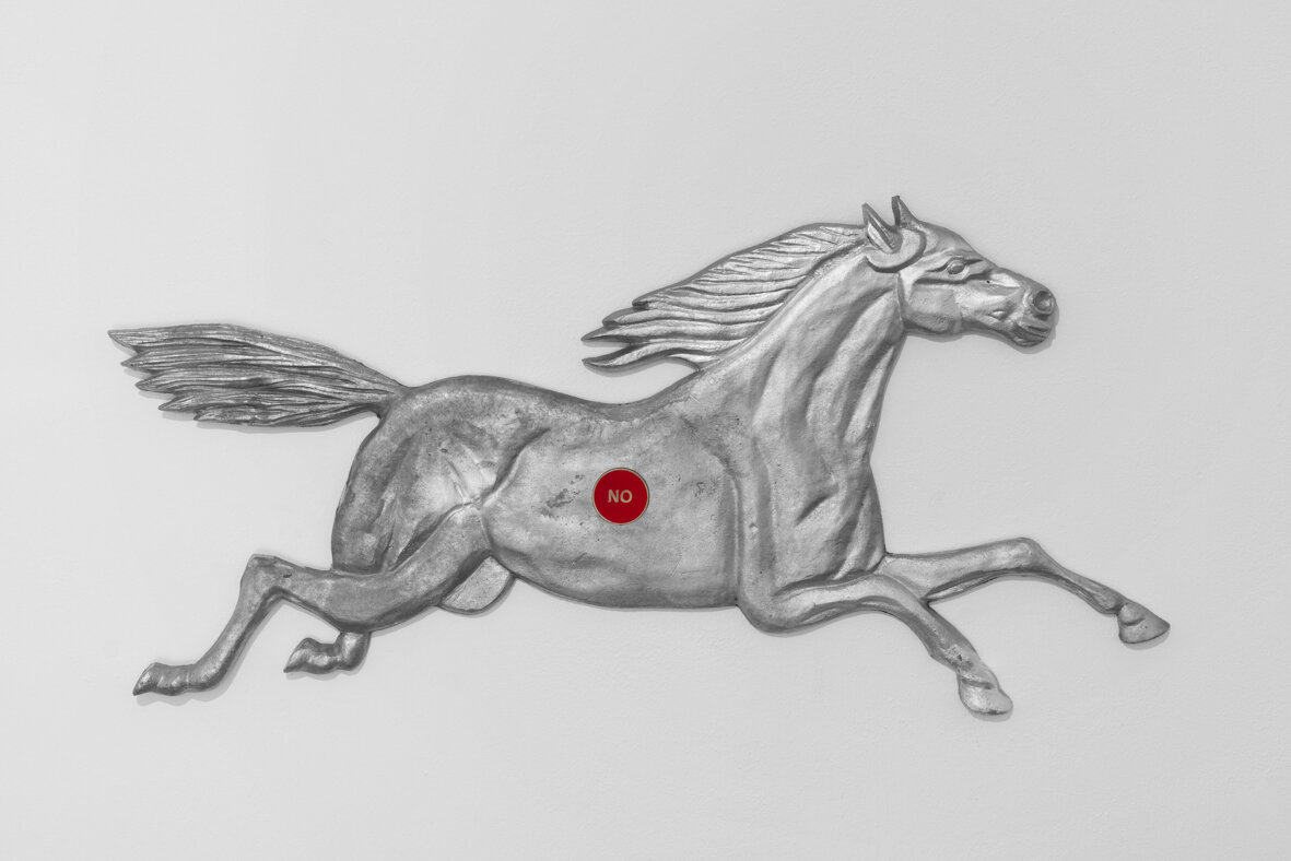 Andrew J. Greene, No , 2019 Aluminum fence decoration, executive decision-making coin 84 x 42 centimeters, 33 x 17 inches