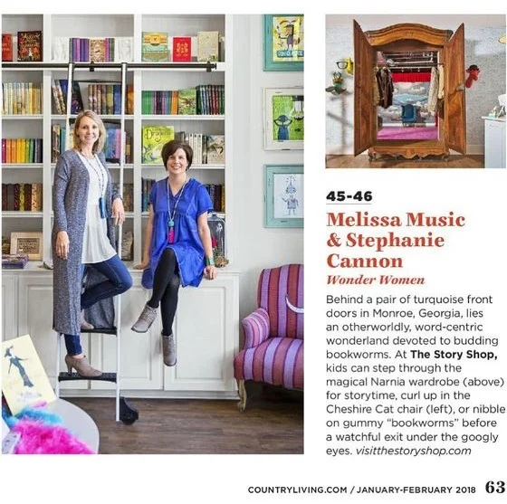 Country Living magazine feature highlighting Melissa Music and Stephanie Cannon, founders of The Story Shop children's bookstore in Monroe, Georgia.