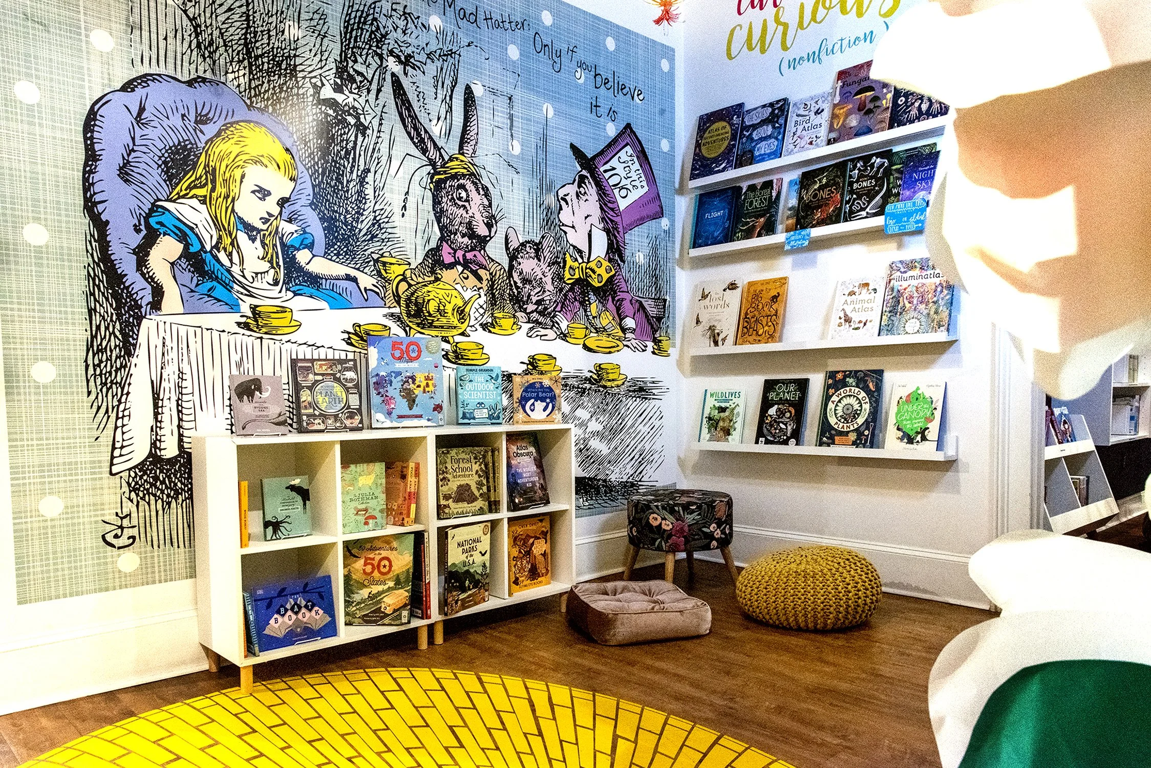 A whimsical nonfiction book corner at The Story Shop featuring an Alice in Wonderland mural, a "Curiouser & Curiouser" quote, and beautifully curated nonfiction picture books for children.