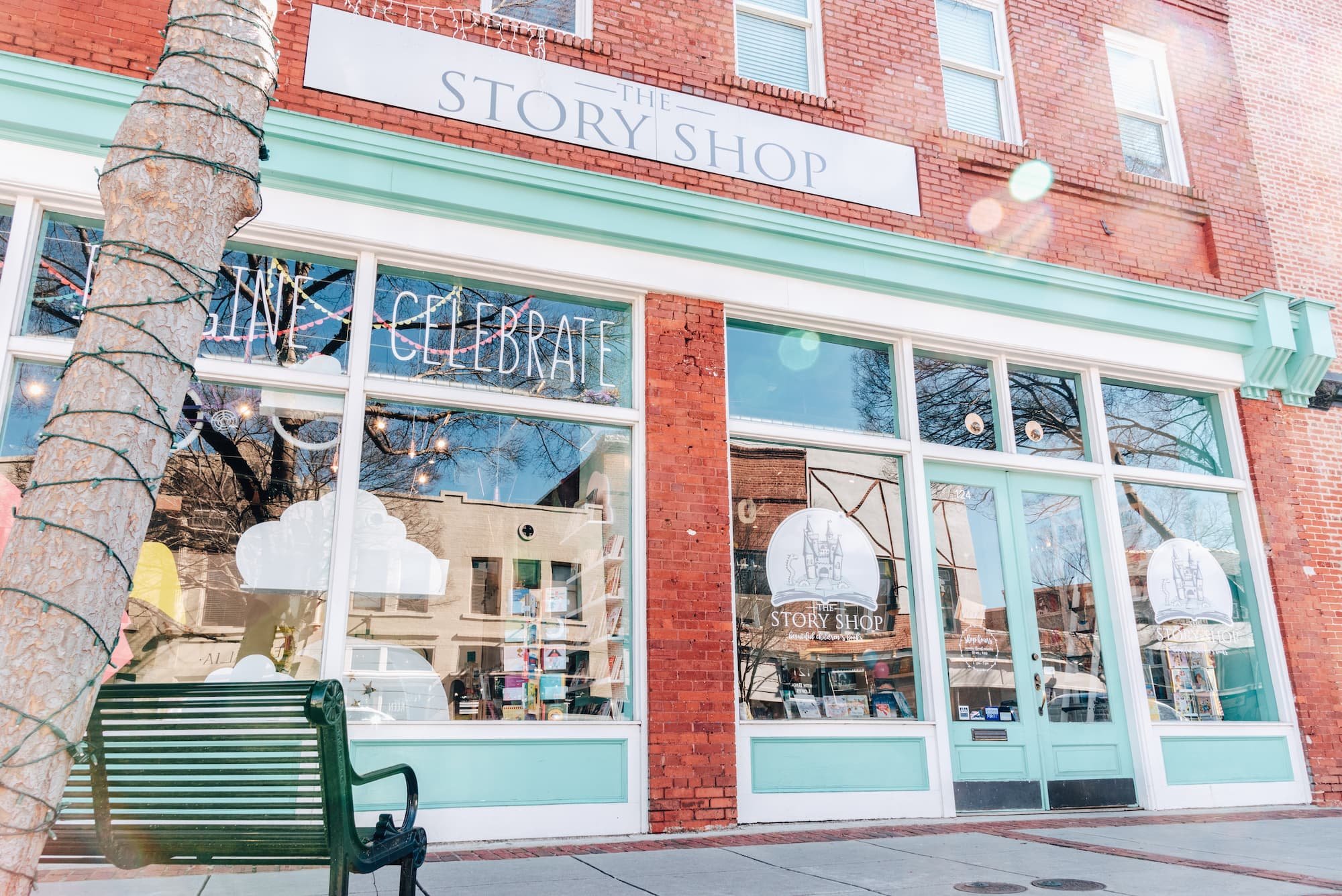 Exterior of The Story Shop, an award-winning independent children's bookstore in historic downtown Monroe, Georgia.