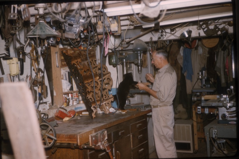Great-grandpa Jay in his Illinois shop, teaching a cat how to use a drill press. This is the shop/mill where a lot of the black walnut that WHWS uses came from.