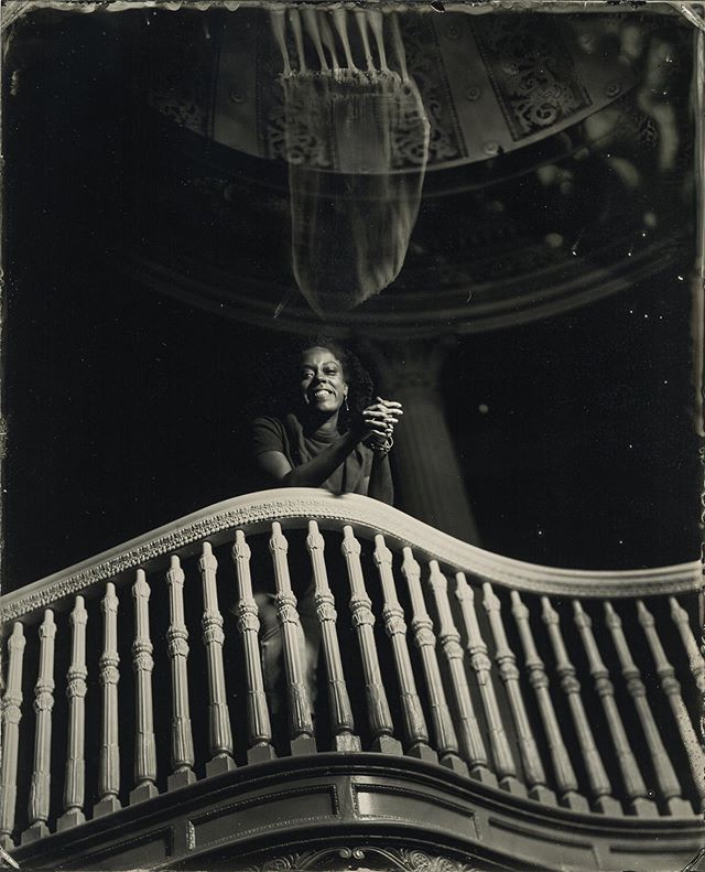 The 1 West location at @thewaltersartmuseum is incredible and I was so fortunate to be allowed to ⚠️carefully⚠️ bring the wet-plate collodion process inside. Here&rsquo;s Keondra looking down from the ornate staircase, being haunted by some sort of j