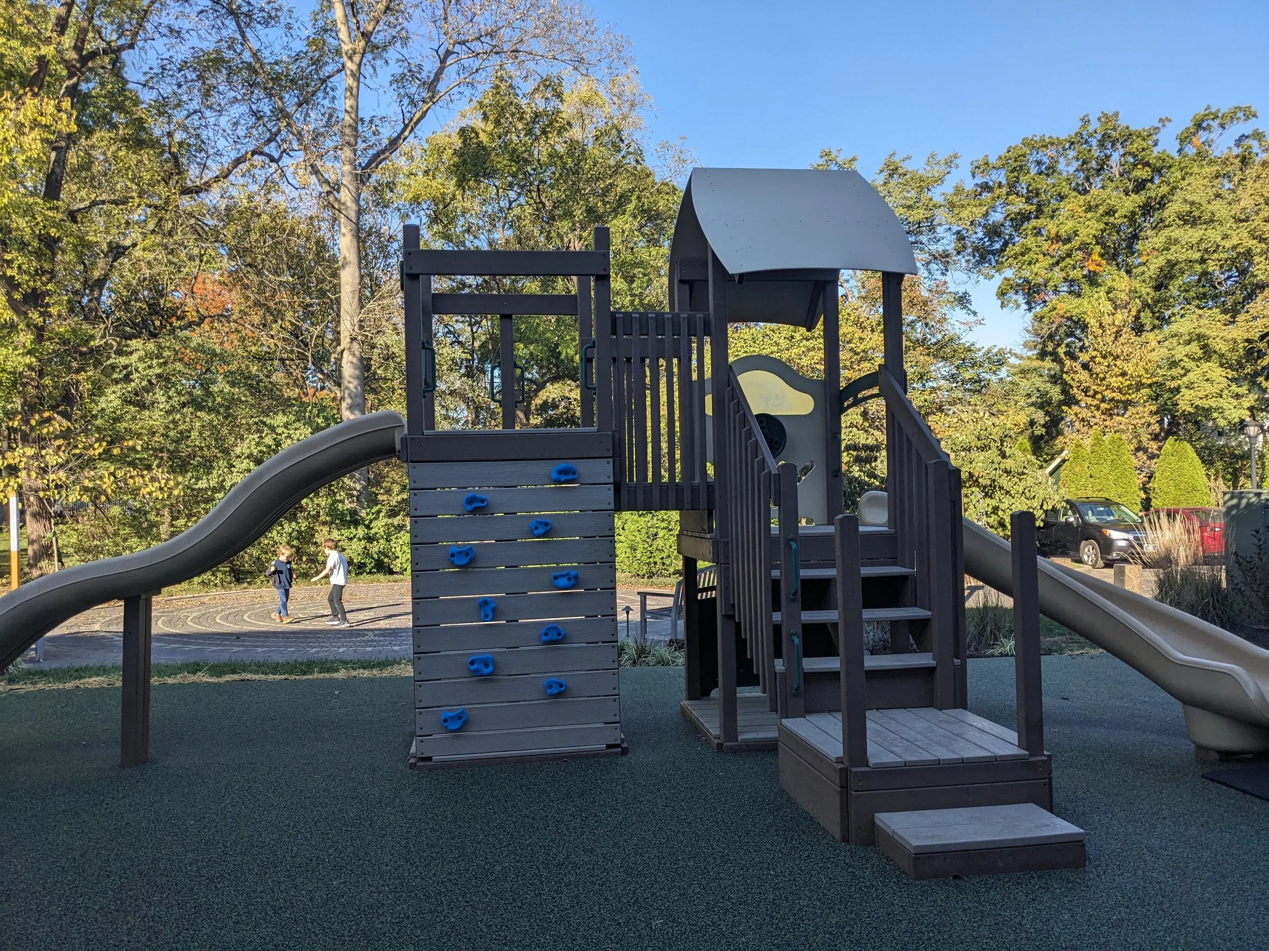 A newly built playground on the grounds of Christ Church Glendale. There are 2 slides, and rock wall and various ADA features.