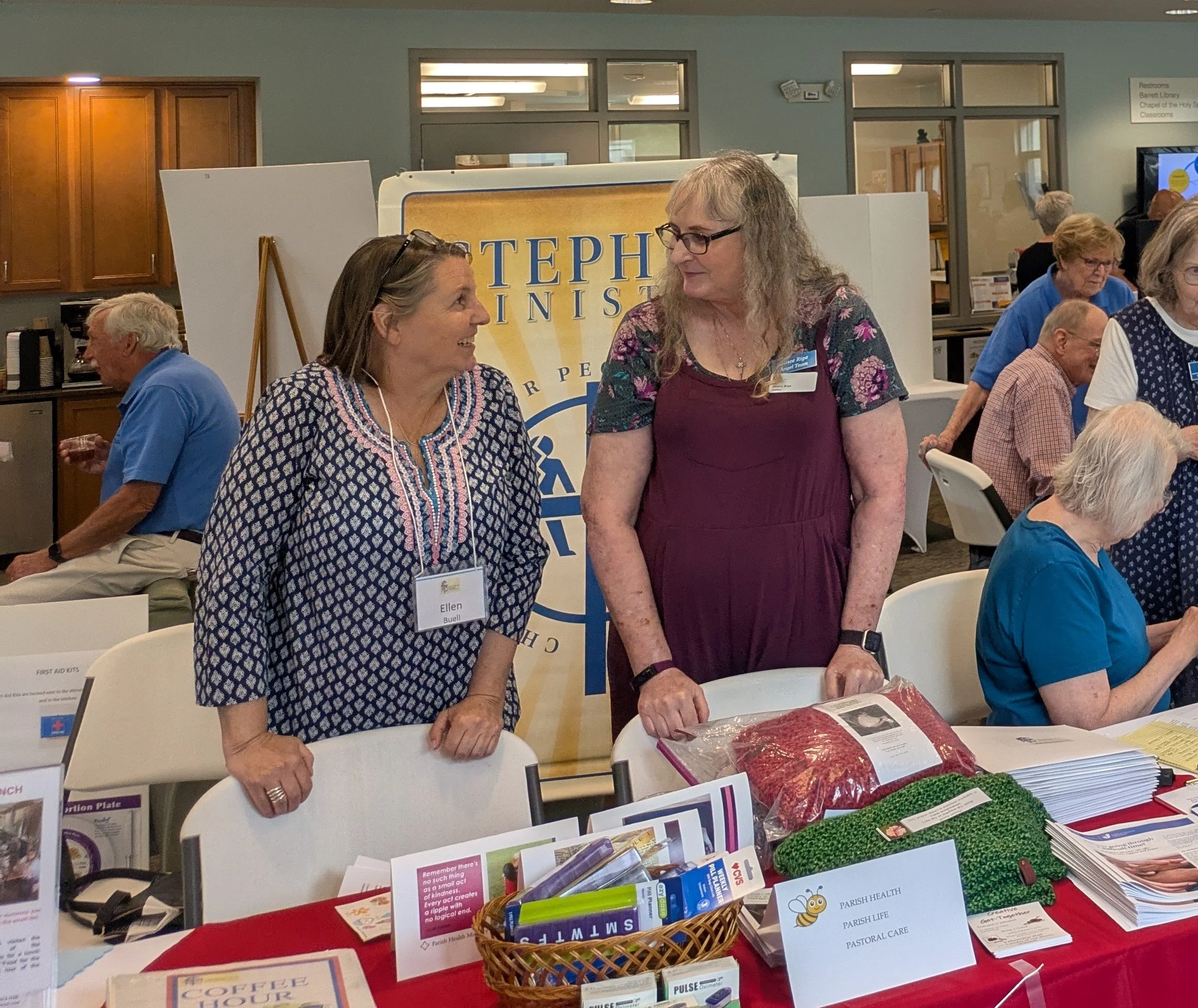Two parishioners midconversation during a parish picnic at the Episcopal church in Glendale Ohio