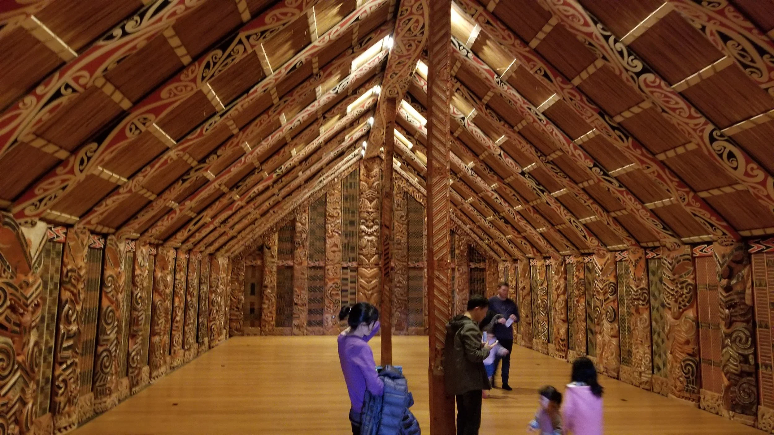 Inside the partially-restored wharenui Hotunui.