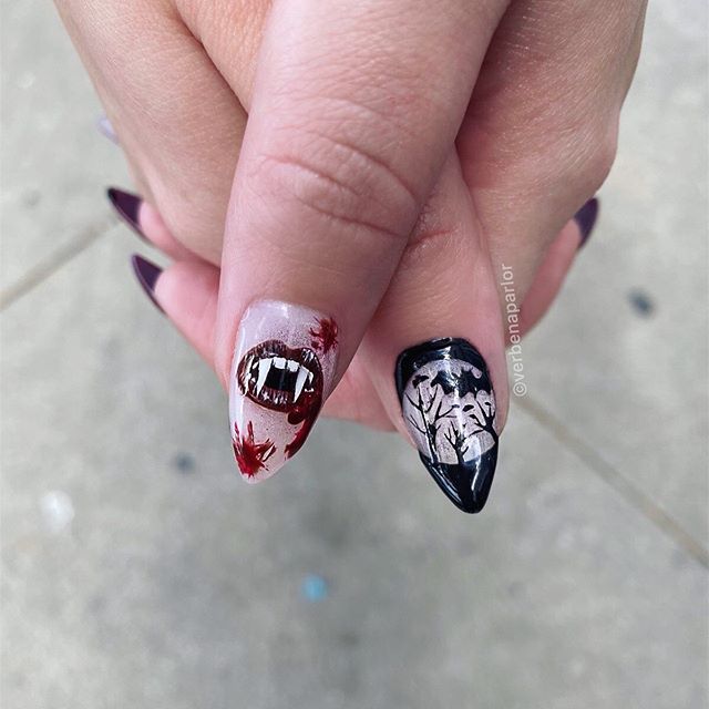 These nails are wickedly good. Do you have your Halloween outfit picked out? 🦇🧛&zwj;♀️
.
Nail artist: Brittney @oh__brittney
Using: @cndworld Shellac gells
#handdrawnnailart